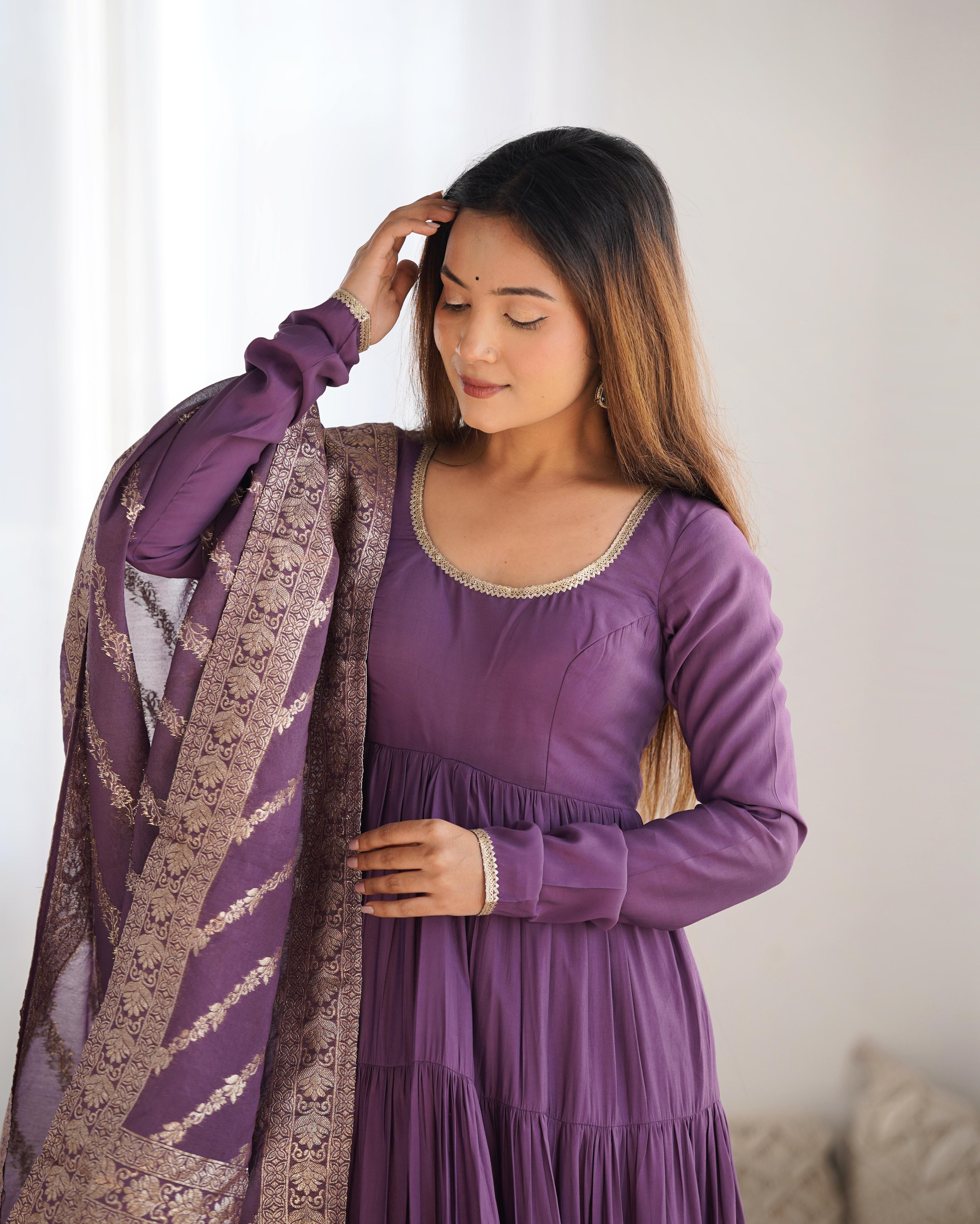 Lilac Roman Silk Chanderi Anarkali Suit Set with Flair for Festive Wear
