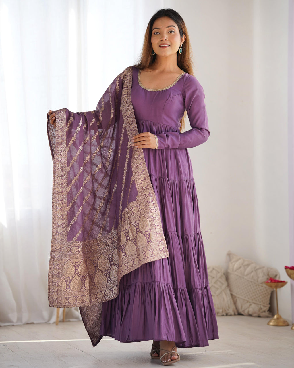 Lilac Roman Silk Chanderi Anarkali Suit Set with Flair for Festive Wear