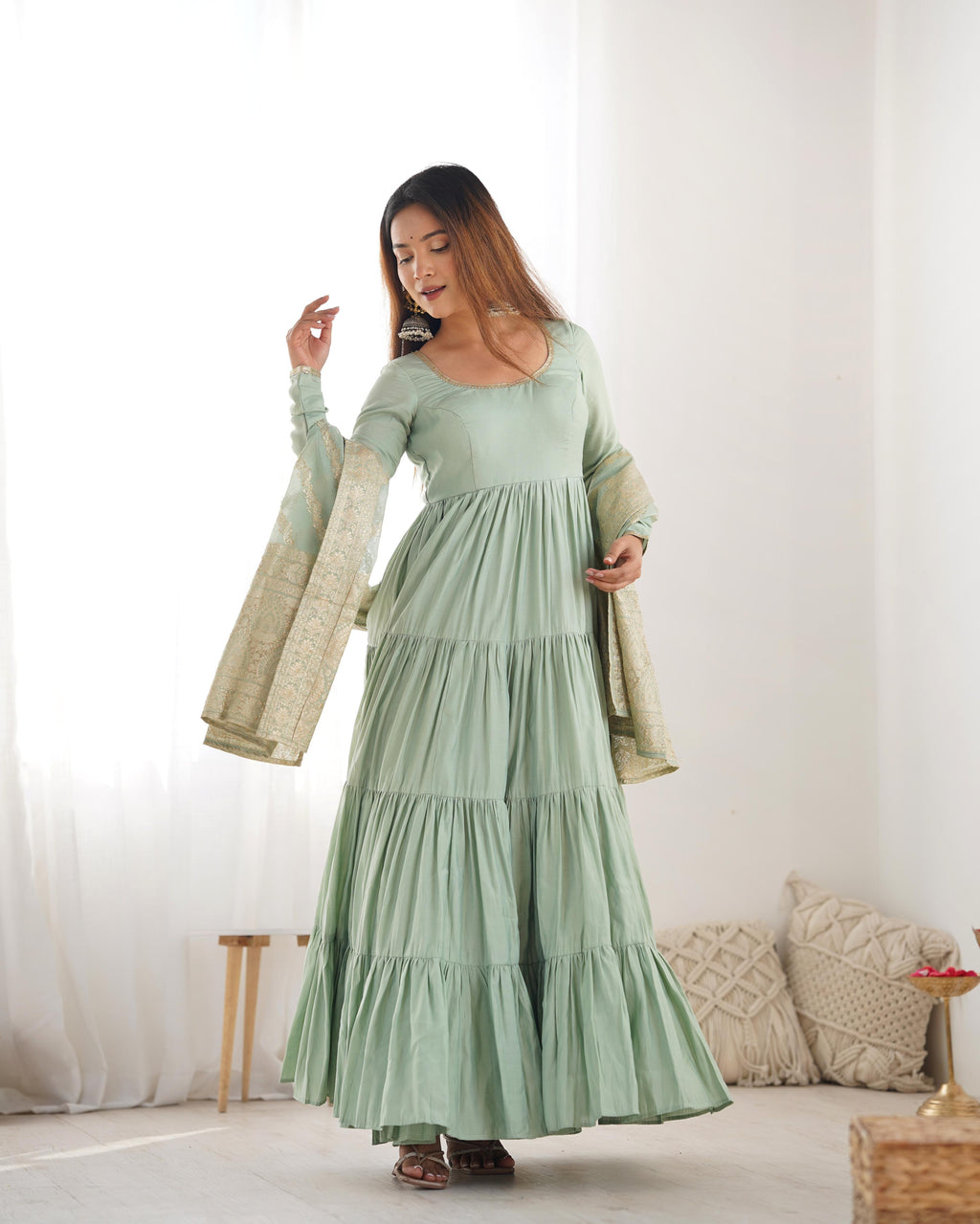 Pista Roman Silk Chanderi Anarkali Suit Set with Flair for Festive Wear