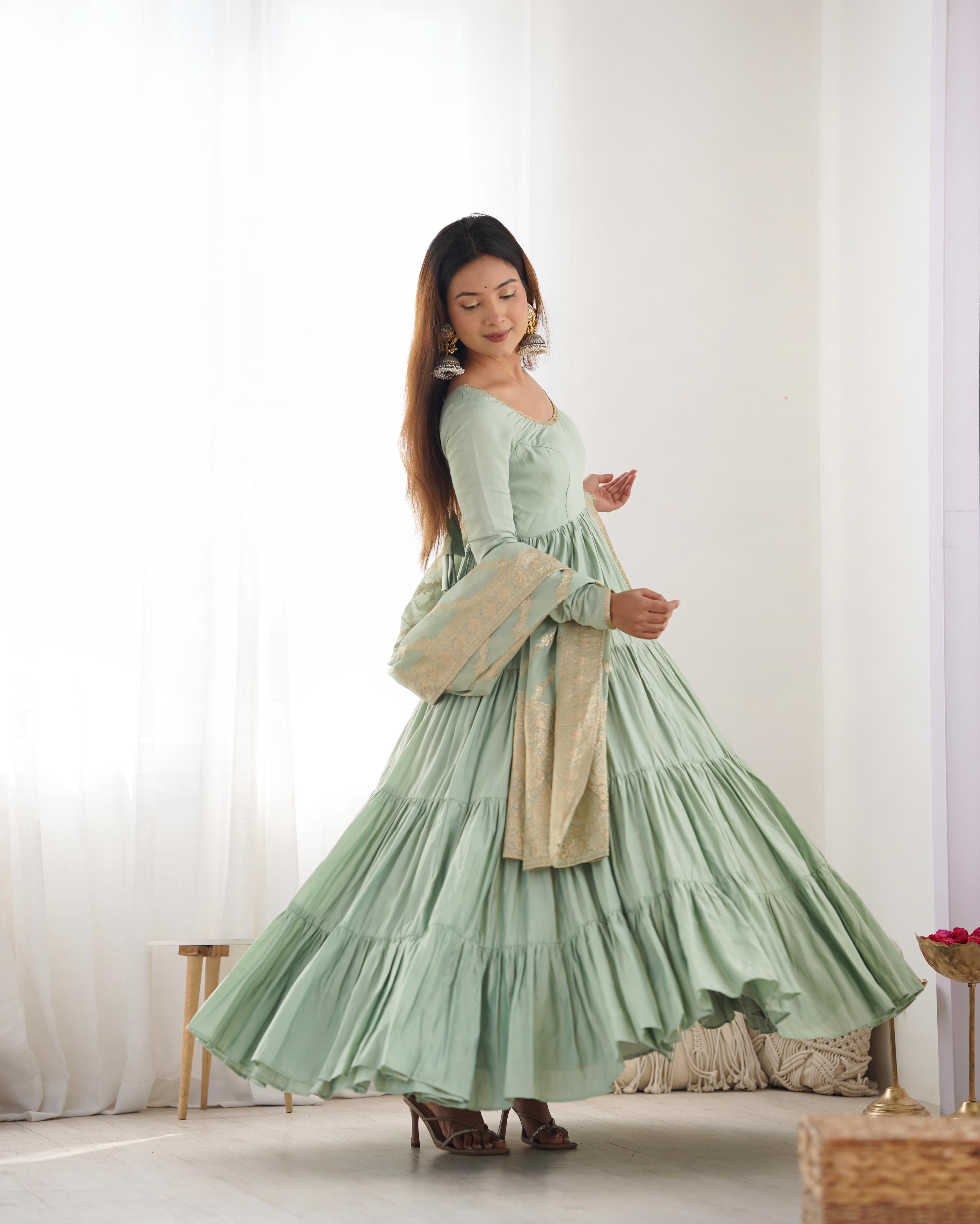 Pista Roman Silk Chanderi Anarkali Suit Set with Flair for Festive Wear