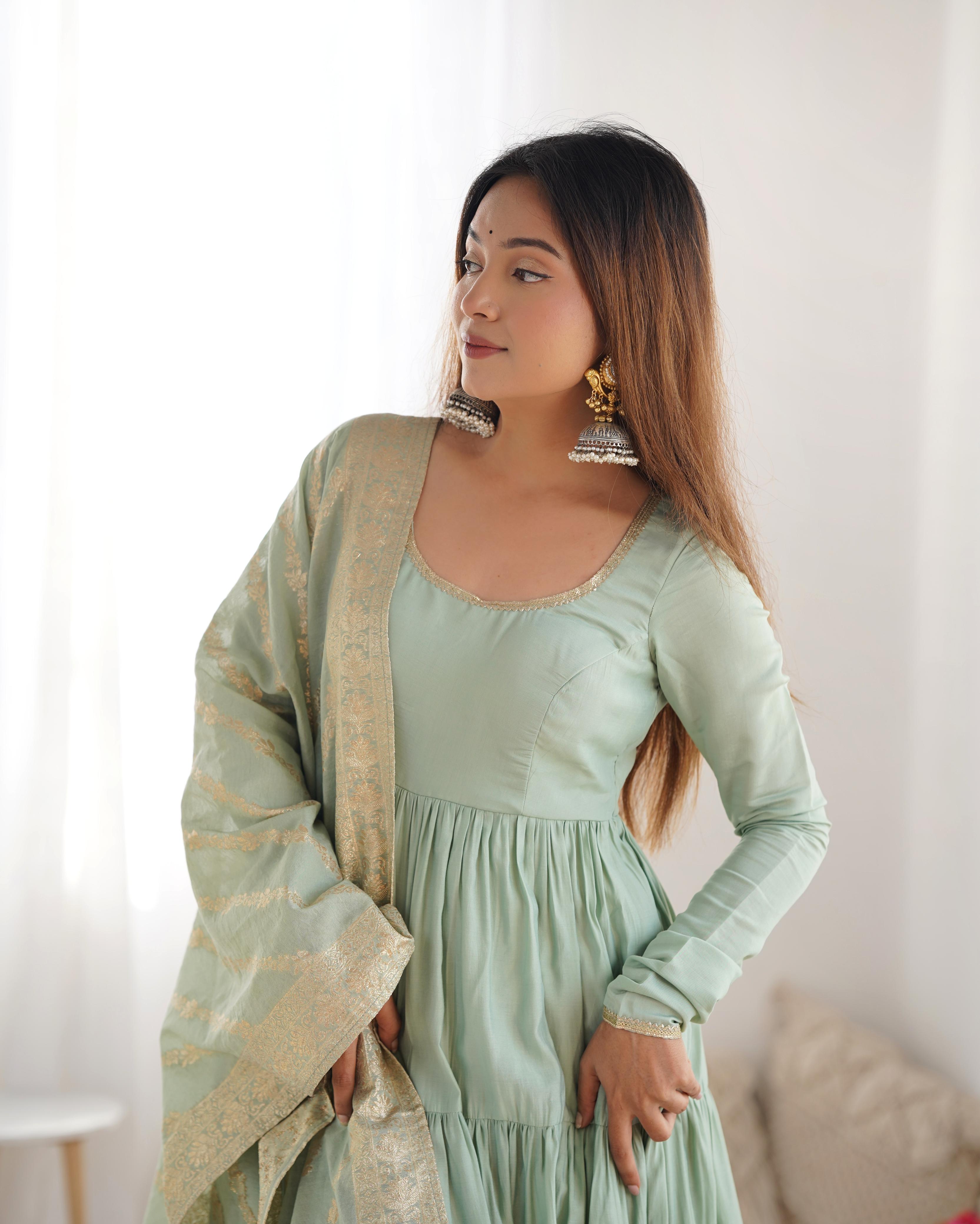 Pista Roman Silk Chanderi Anarkali Suit Set with Flair for Festive Wear