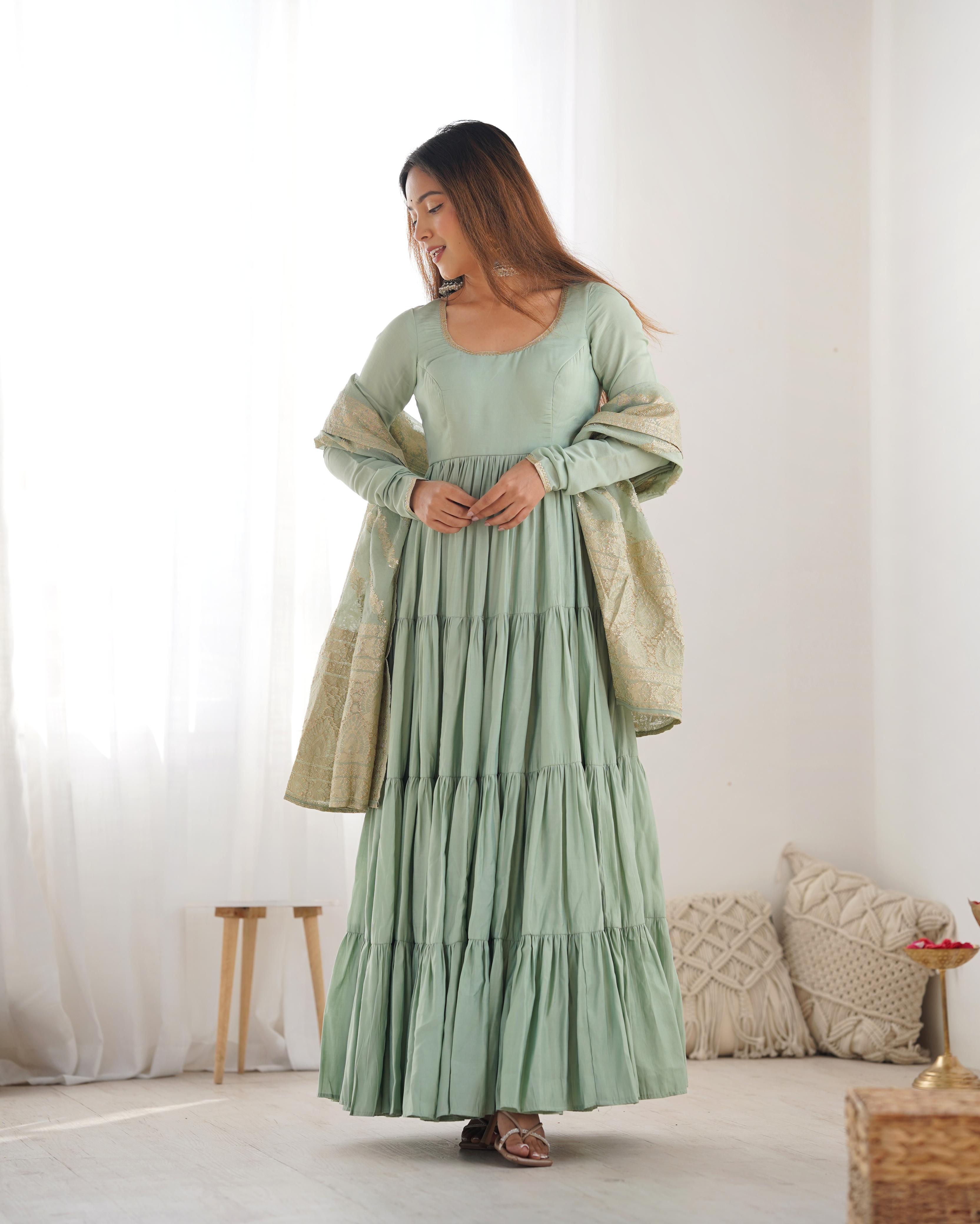Pista Roman Silk Chanderi Anarkali Suit Set with Flair for Festive Wear