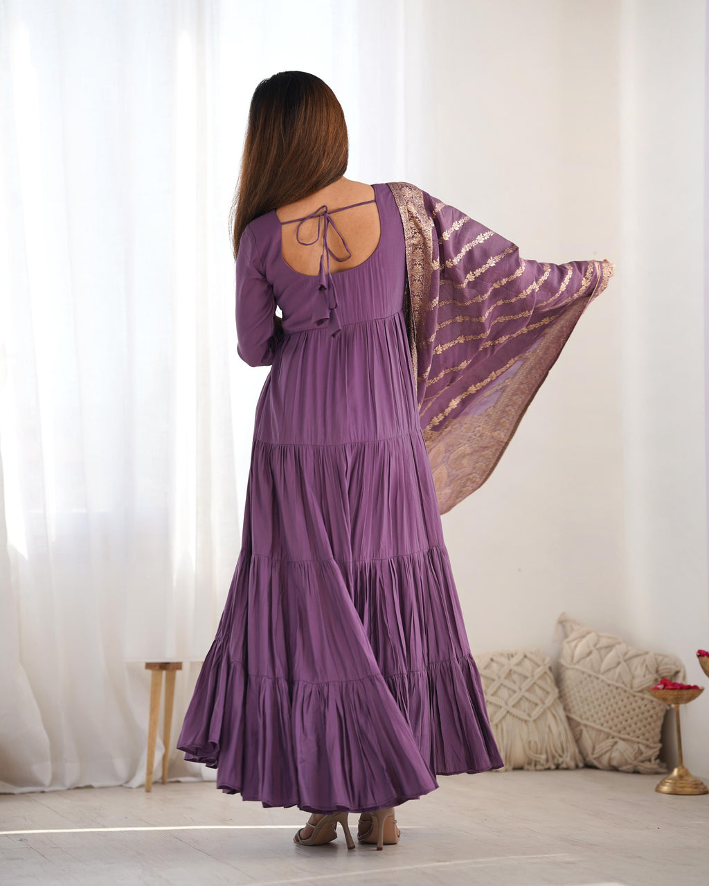 Lilac Roman Silk Chanderi Anarkali Suit Set with Flair for Festive Wear