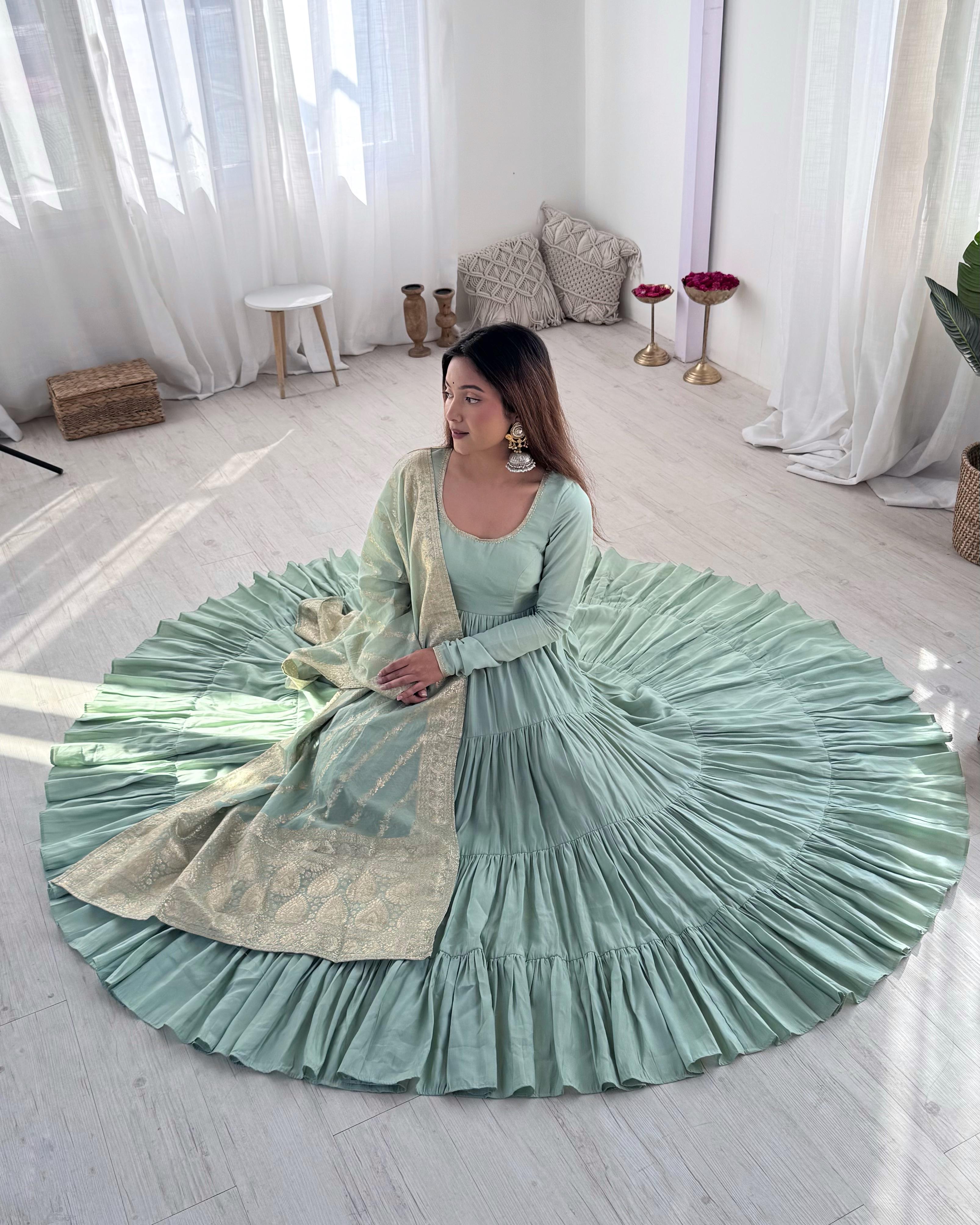 Pista Roman Silk Chanderi Anarkali Suit Set with Flair for Festive Wear