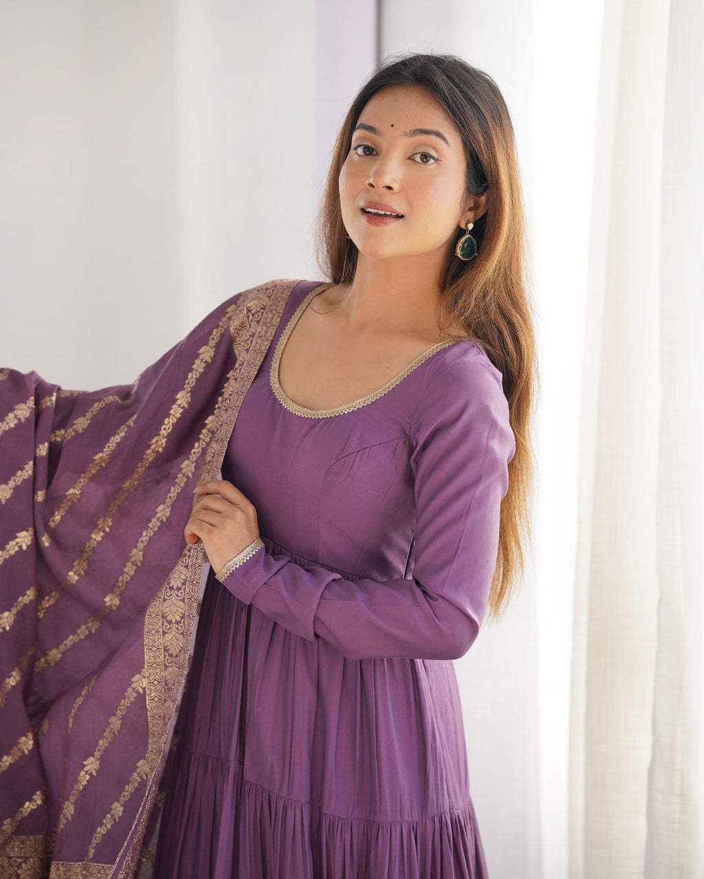 Lilac Roman Silk Chanderi Anarkali Suit Set with Flair for Festive Wear