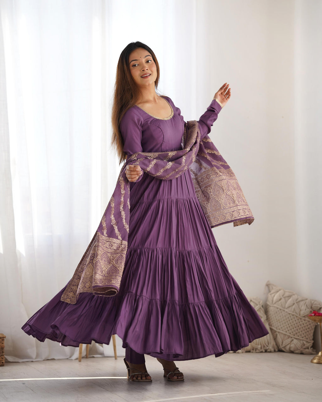 Lilac Roman Silk Chanderi Anarkali Suit Set with Flair for Festive Wear