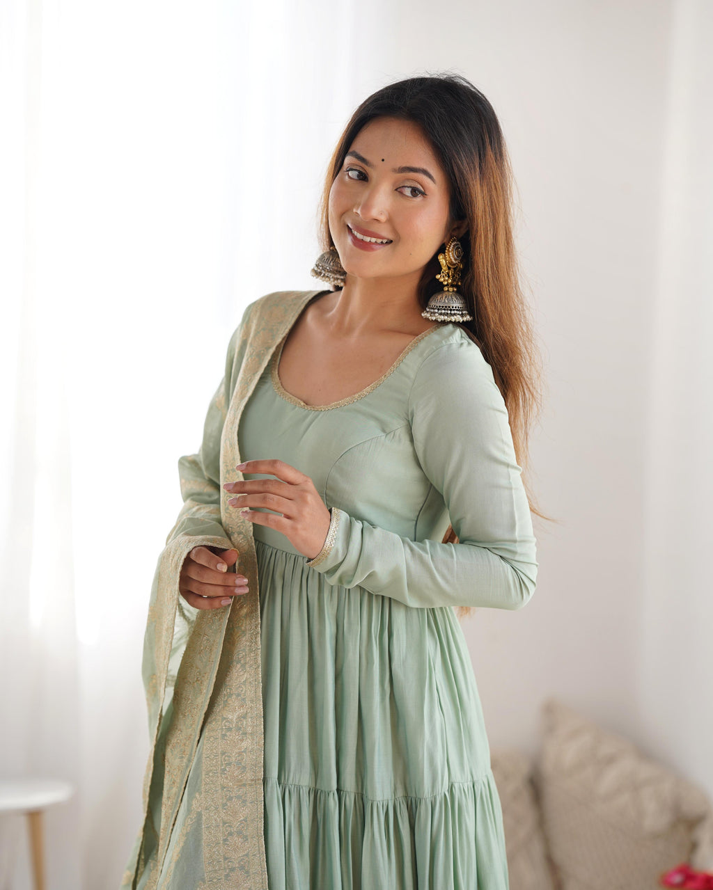 Pista Roman Silk Chanderi Anarkali Suit Set with Flair for Festive Wear