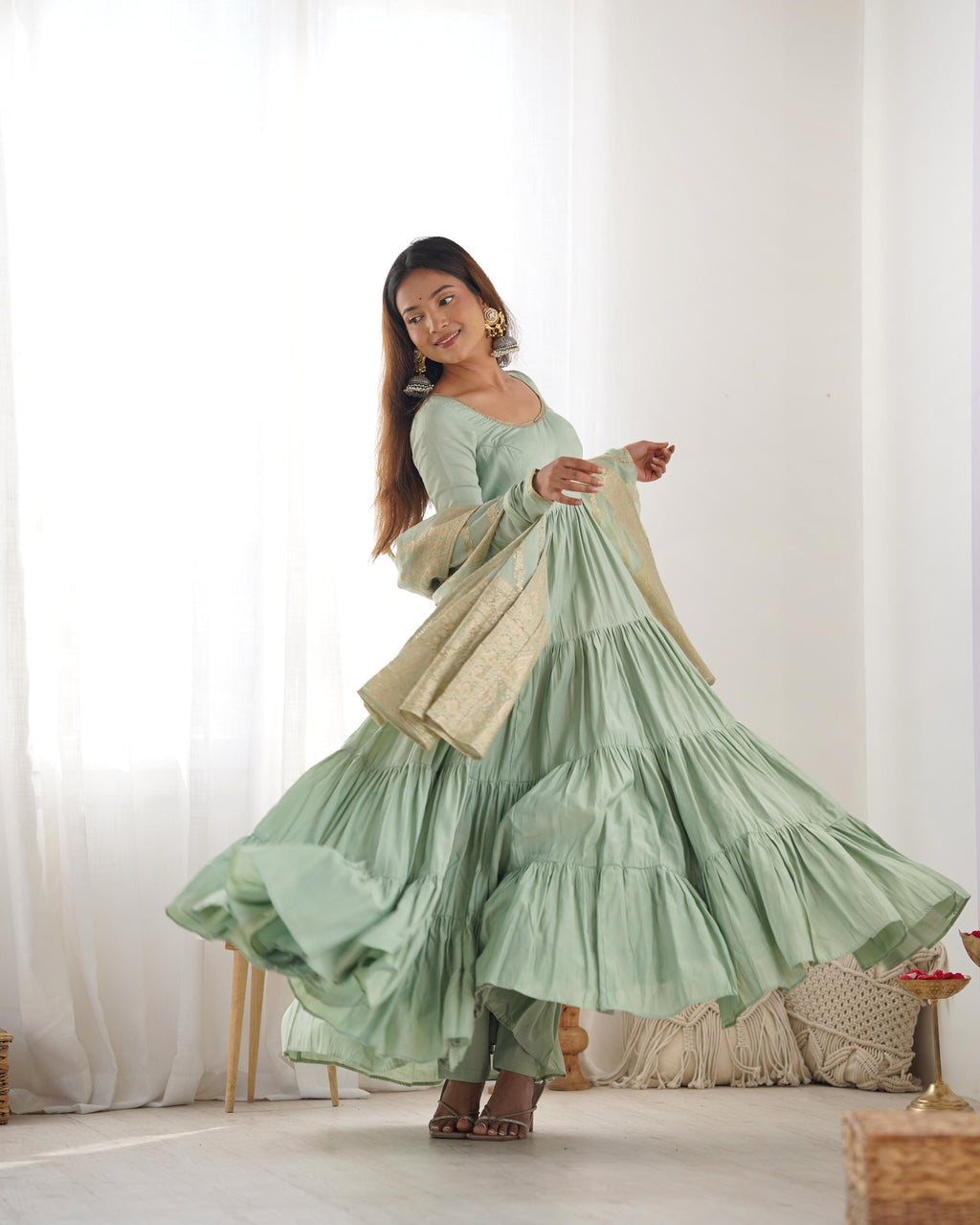 Pista Roman Silk Chanderi Anarkali Suit Set with Flair for Festive Wear
