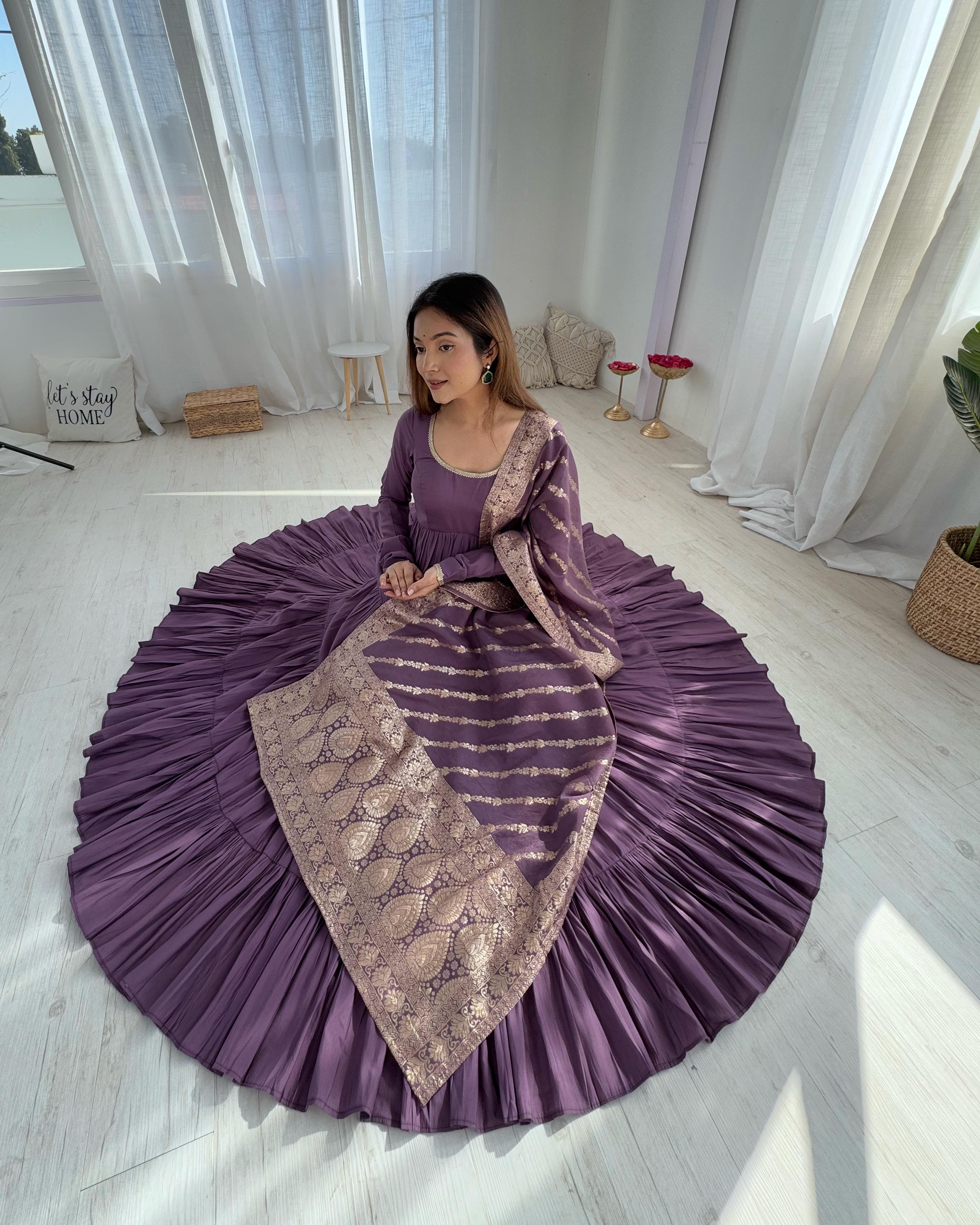 Lilac Roman Silk Chanderi Anarkali Suit Set with Flair for Festive Wear