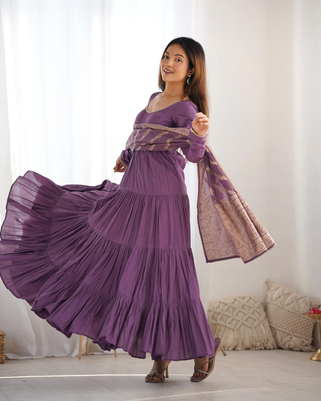 Lilac Roman Silk Chanderi Anarkali Suit Set with Flair for Festive Wear