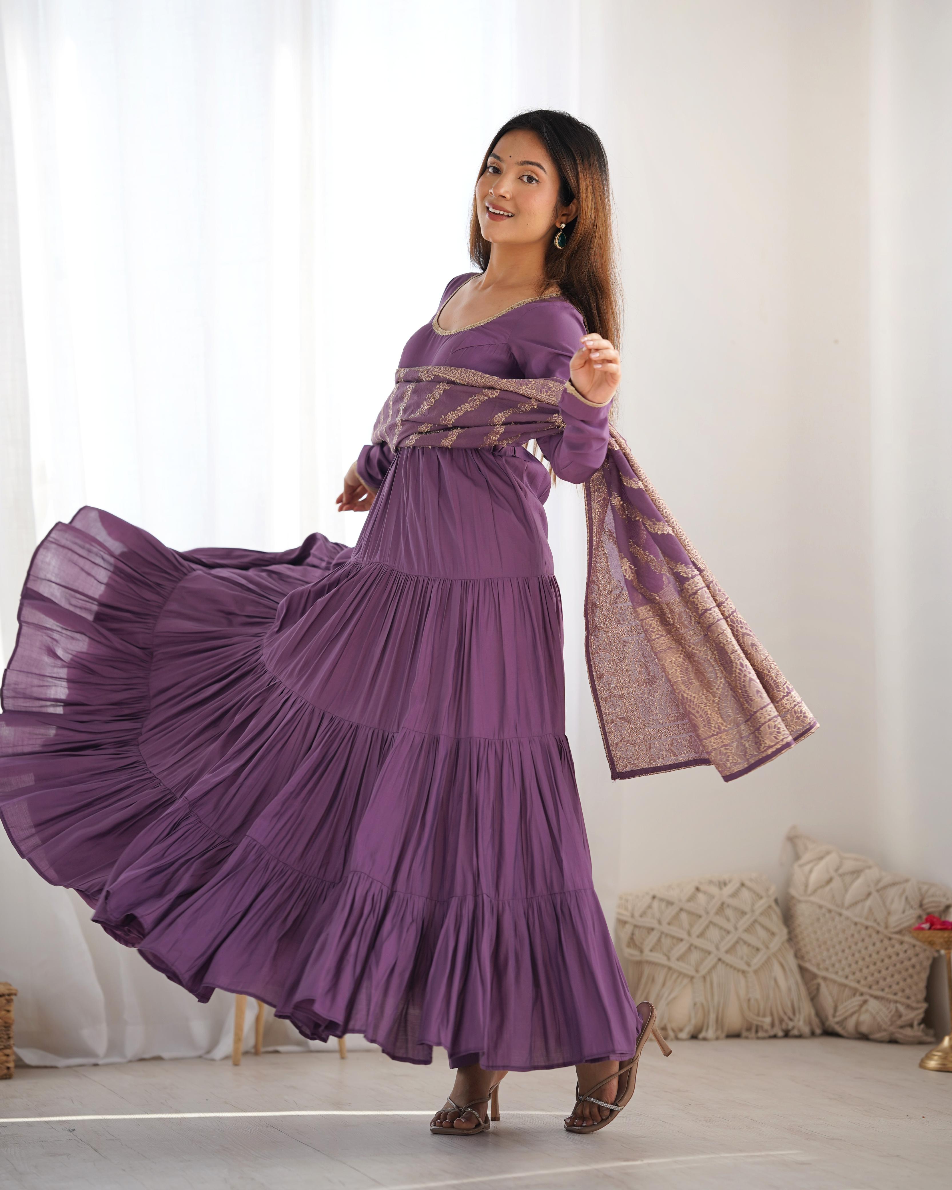 Lilac Roman Silk Chanderi Anarkali Suit Set with Flair for Festive Wear
