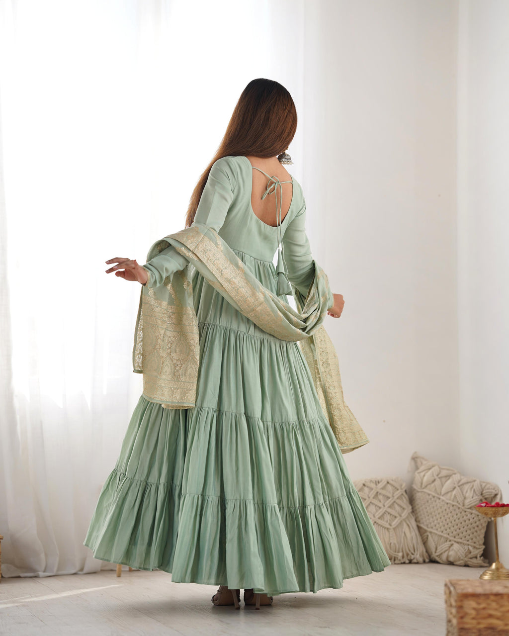 Pista Roman Silk Chanderi Anarkali Suit Set with Flair for Festive Wear