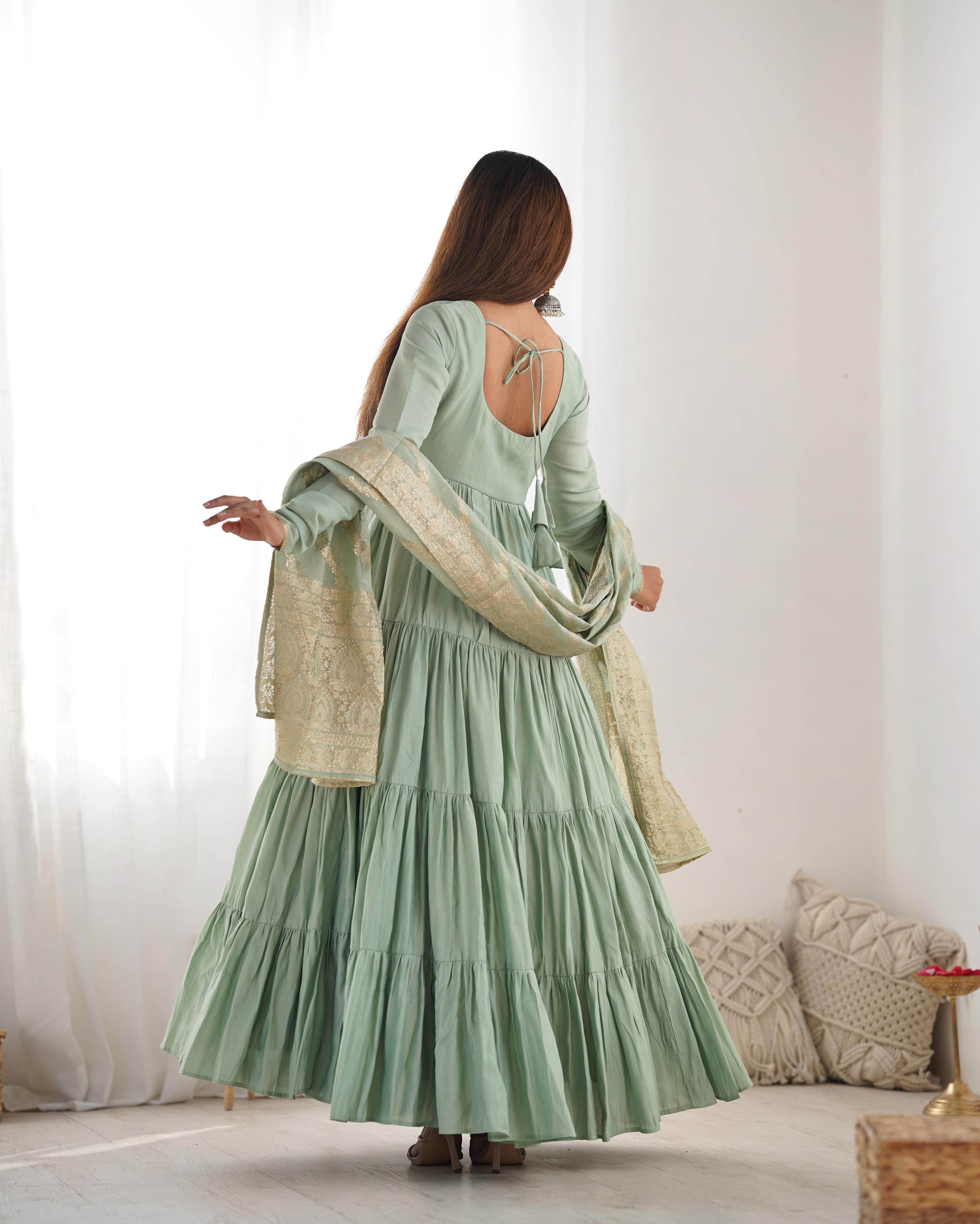 Pista Roman Silk Chanderi Anarkali Suit Set with Flair for Festive Wear