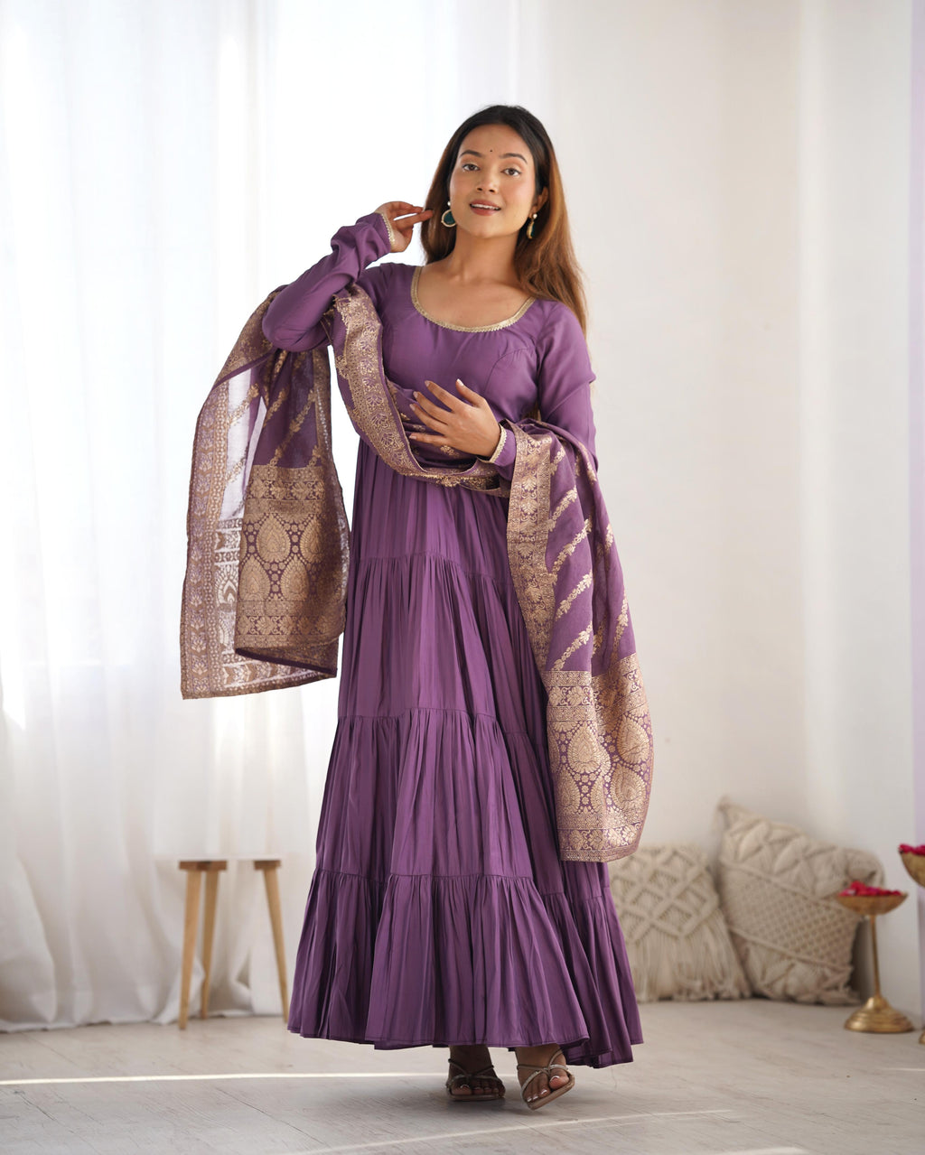 Lilac Roman Silk Chanderi Anarkali Suit Set with Flair for Festive Wear