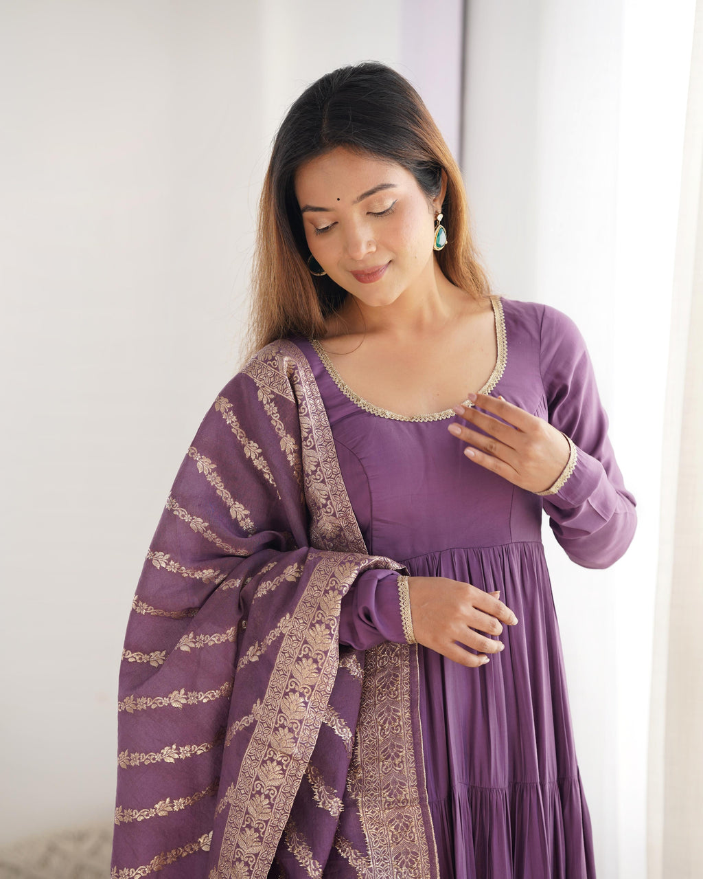 Lilac Roman Silk Chanderi Anarkali Suit Set with Flair for Festive Wear