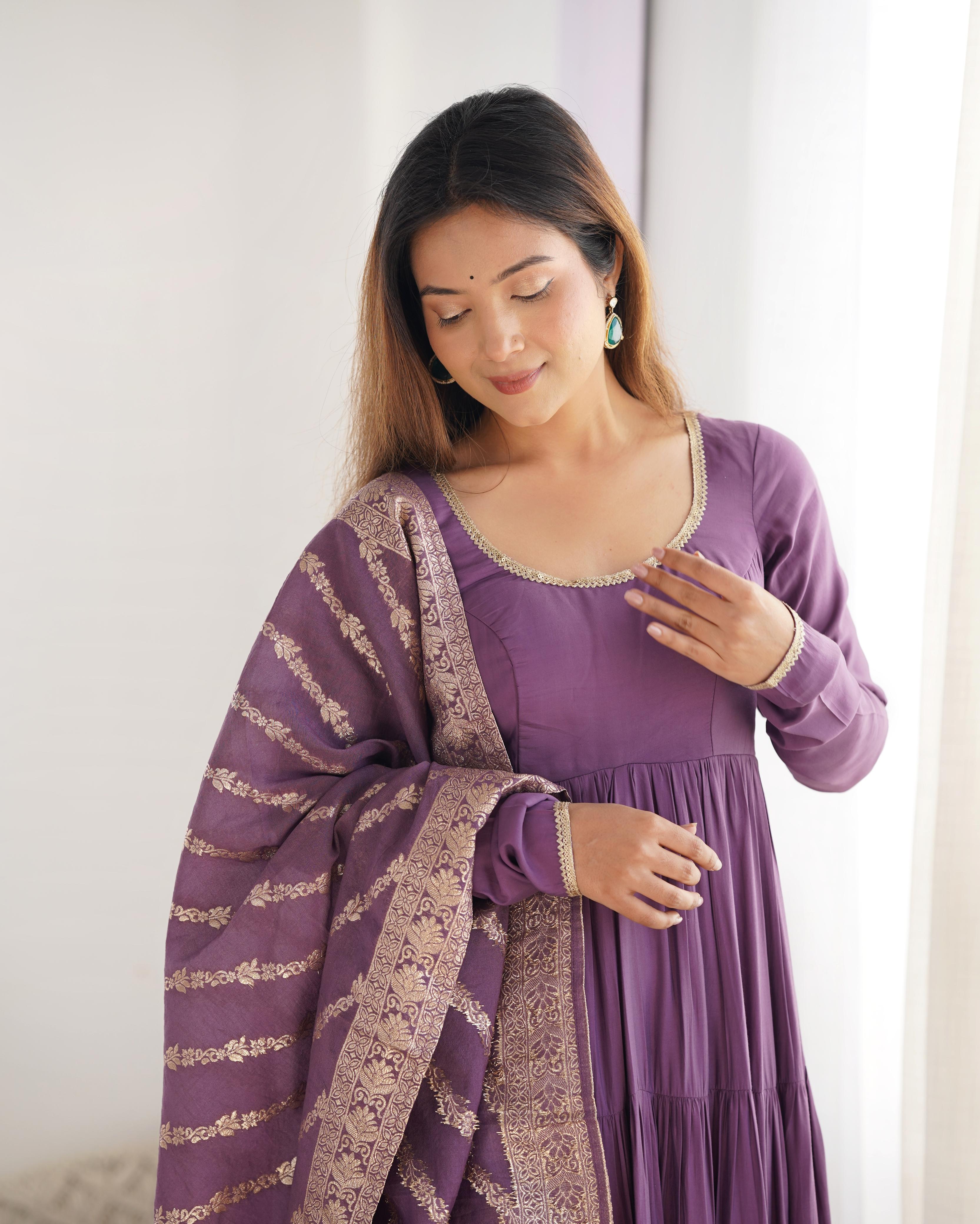 Lilac Roman Silk Chanderi Anarkali Suit Set with Flair for Festive Wear