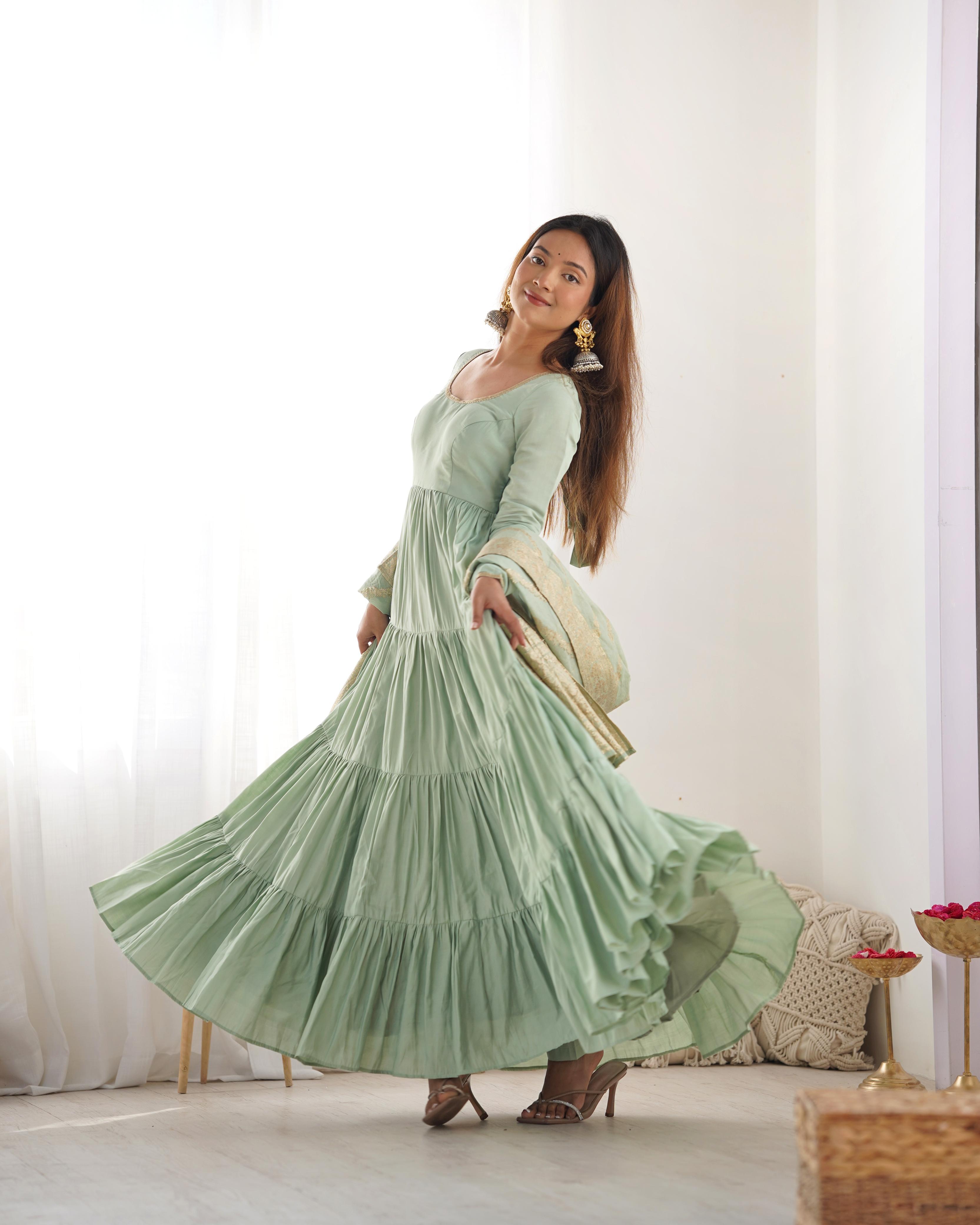 Pista Roman Silk Chanderi Anarkali Suit Set with Flair for Festive Wear