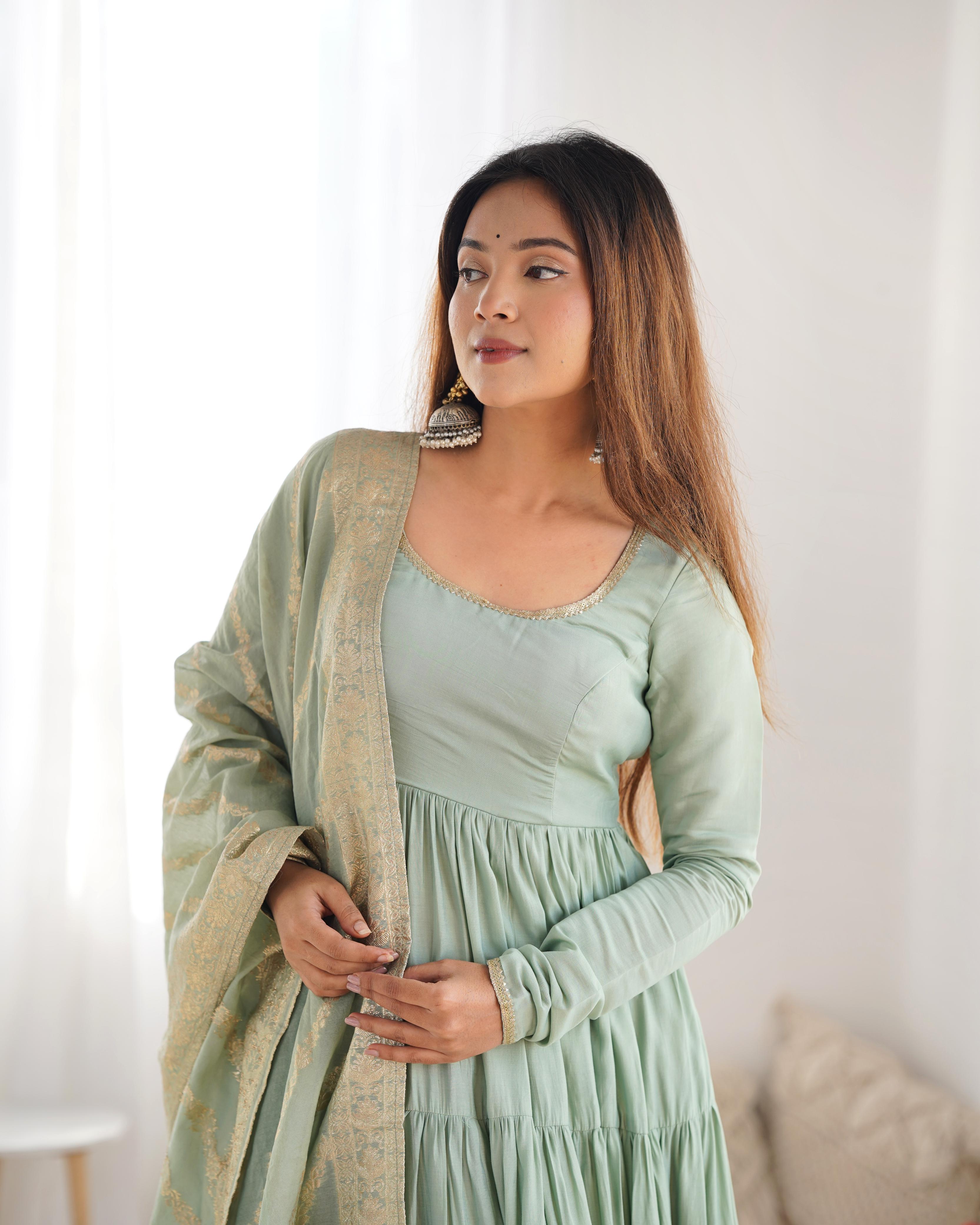 Pista Roman Silk Chanderi Anarkali Suit Set with Flair for Festive Wear