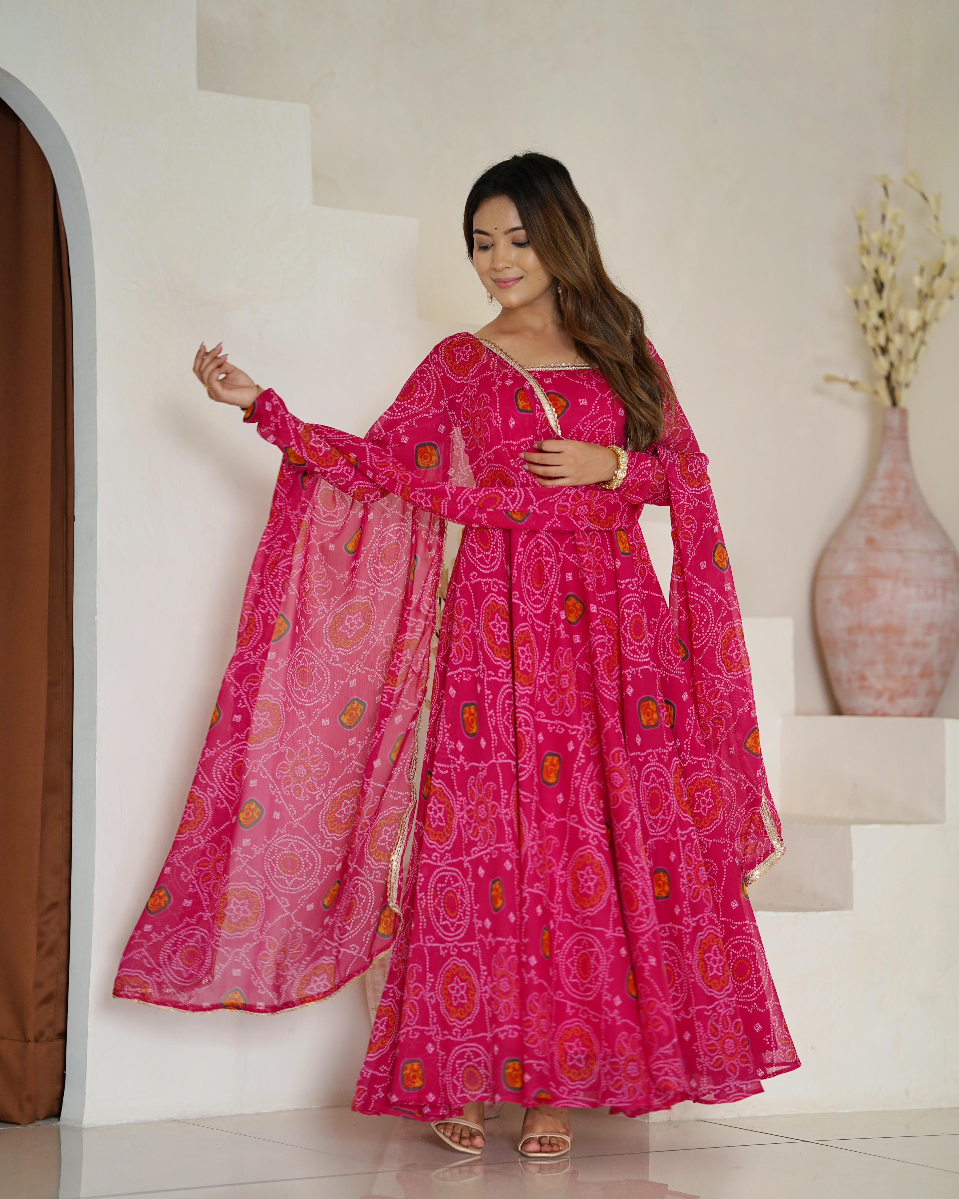Pink Lightweight Chiffon Anarkali Suit Set with Huge Flair - Festive Wear