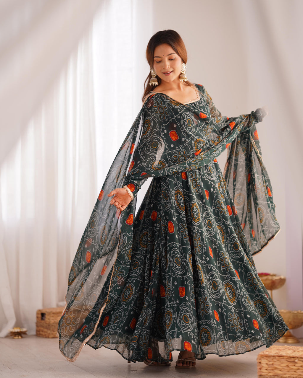 Bottle Green Lightweight Chiffon Anarkali Suit Set with Huge Flair - Festive Wear