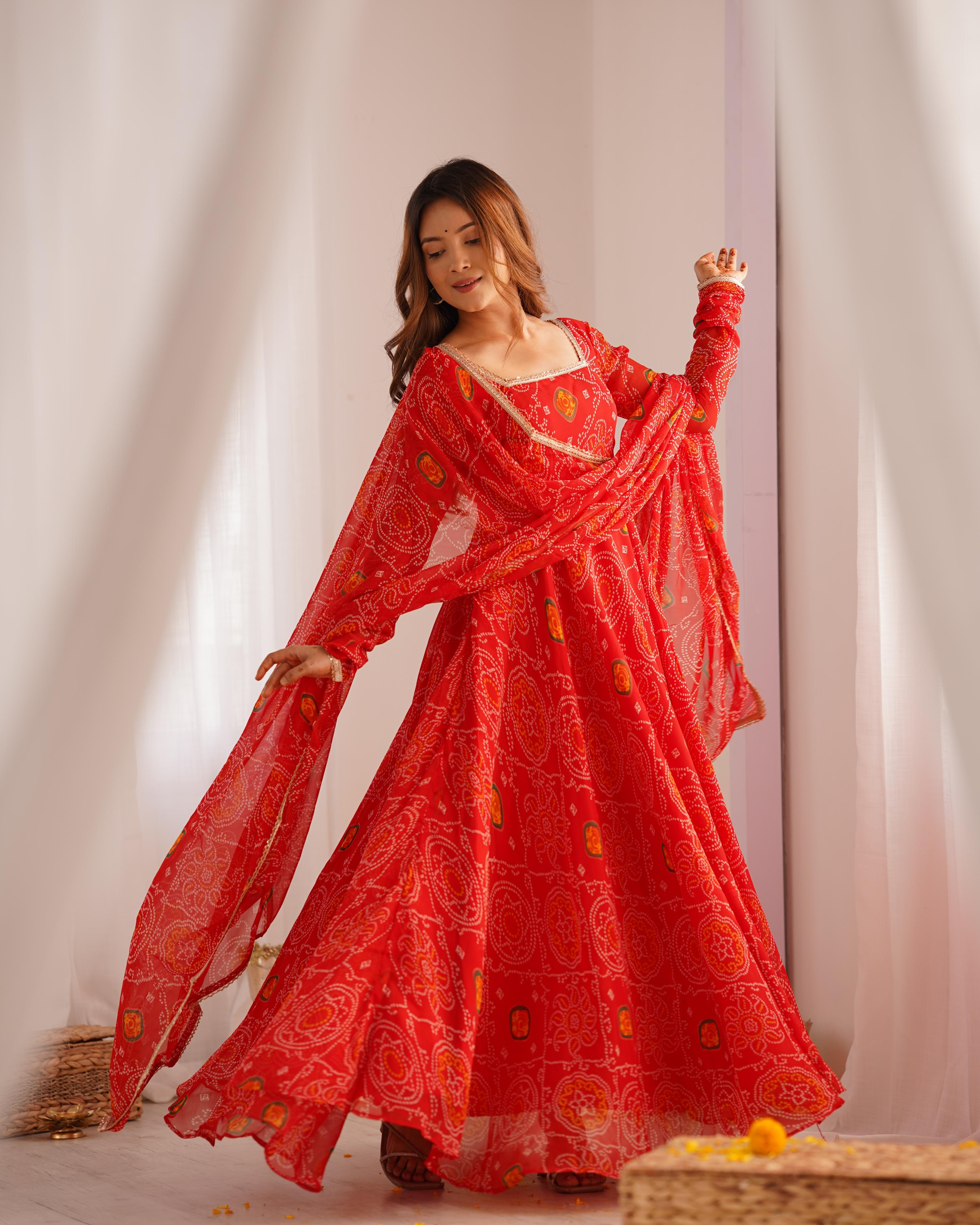 Red Lightweight Chiffon Anarkali Suit Set with Huge Flair - Festive Wear