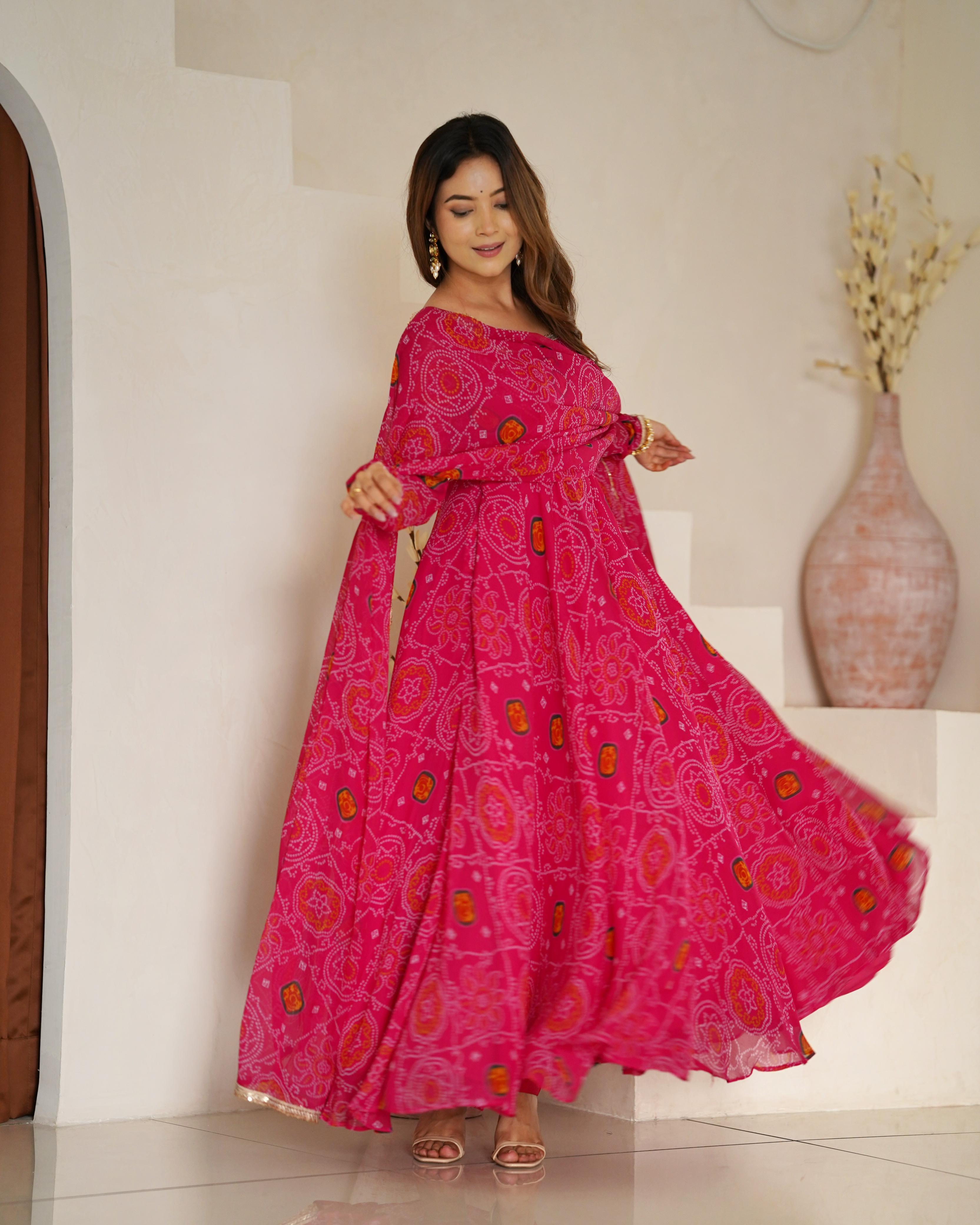 Pink Lightweight Chiffon Anarkali Suit Set with Huge Flair - Festive Wear