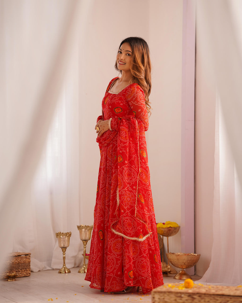 Red Lightweight Chiffon Anarkali Suit Set with Huge Flair - Festive Wear
