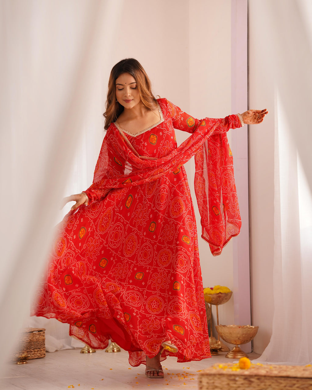 Red Lightweight Chiffon Anarkali Suit Set with Huge Flair - Festive Wear