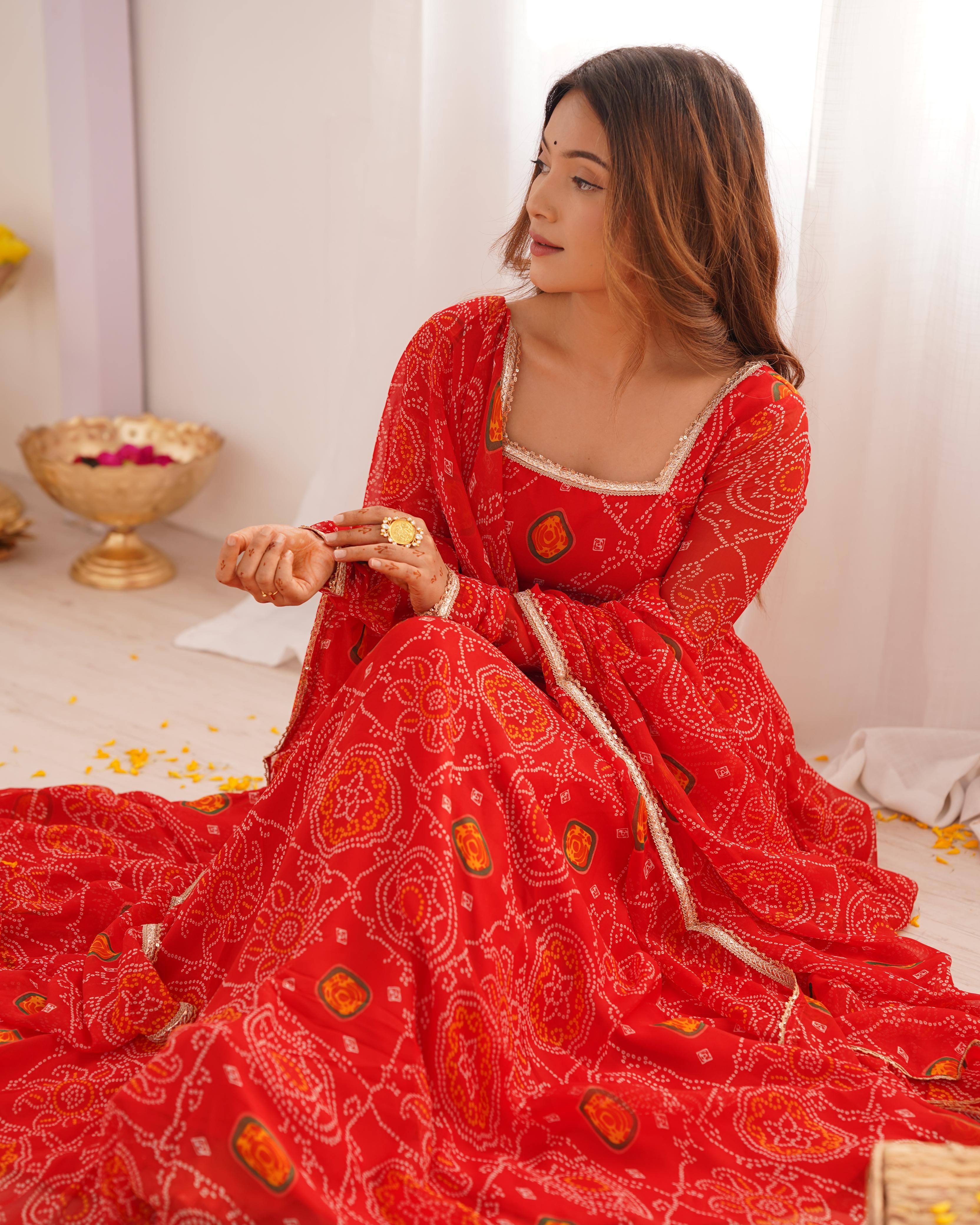 Red Lightweight Chiffon Anarkali Suit Set with Huge Flair - Festive Wear