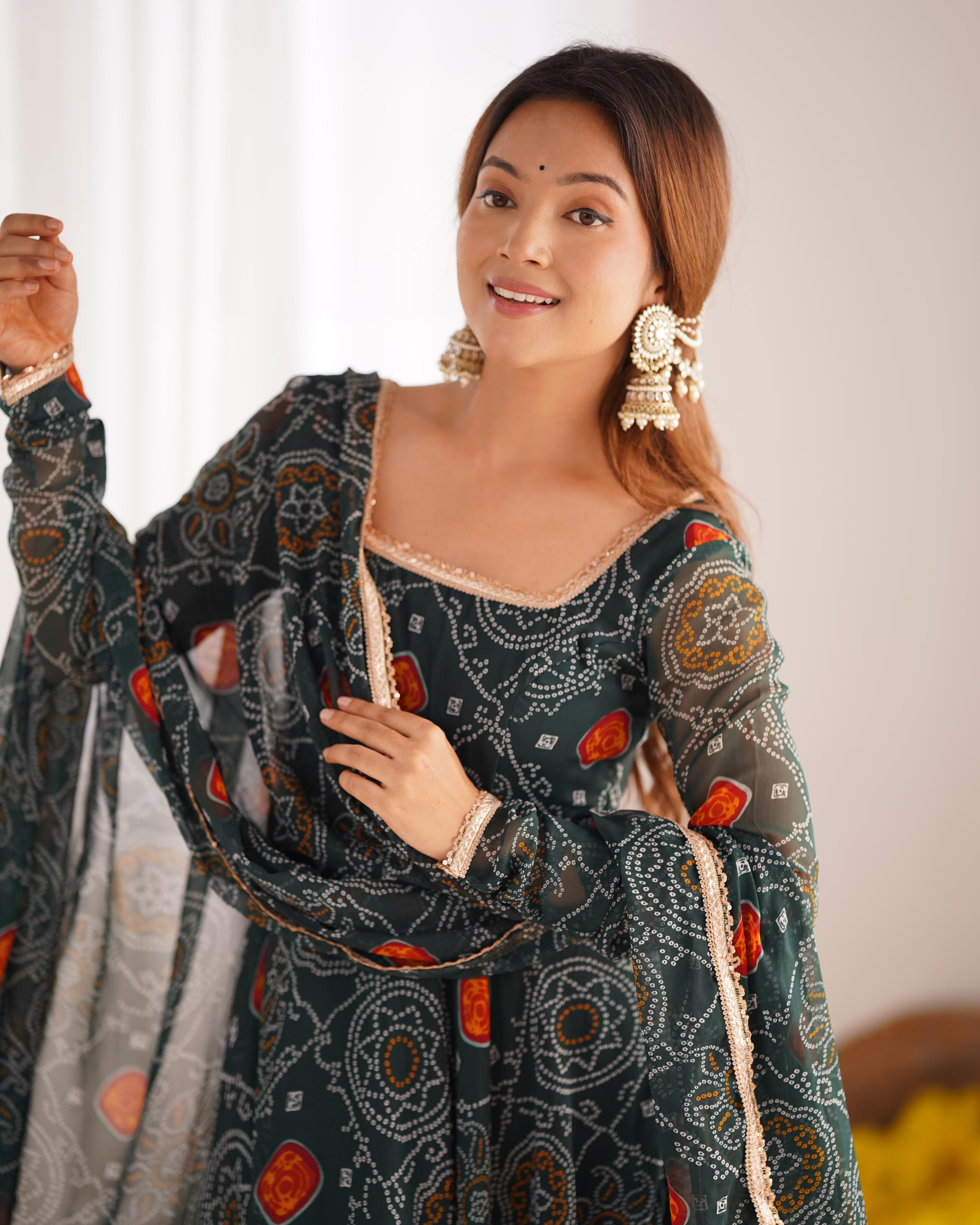 Bottle Green Lightweight Chiffon Anarkali Suit Set with Huge Flair - Festive Wear