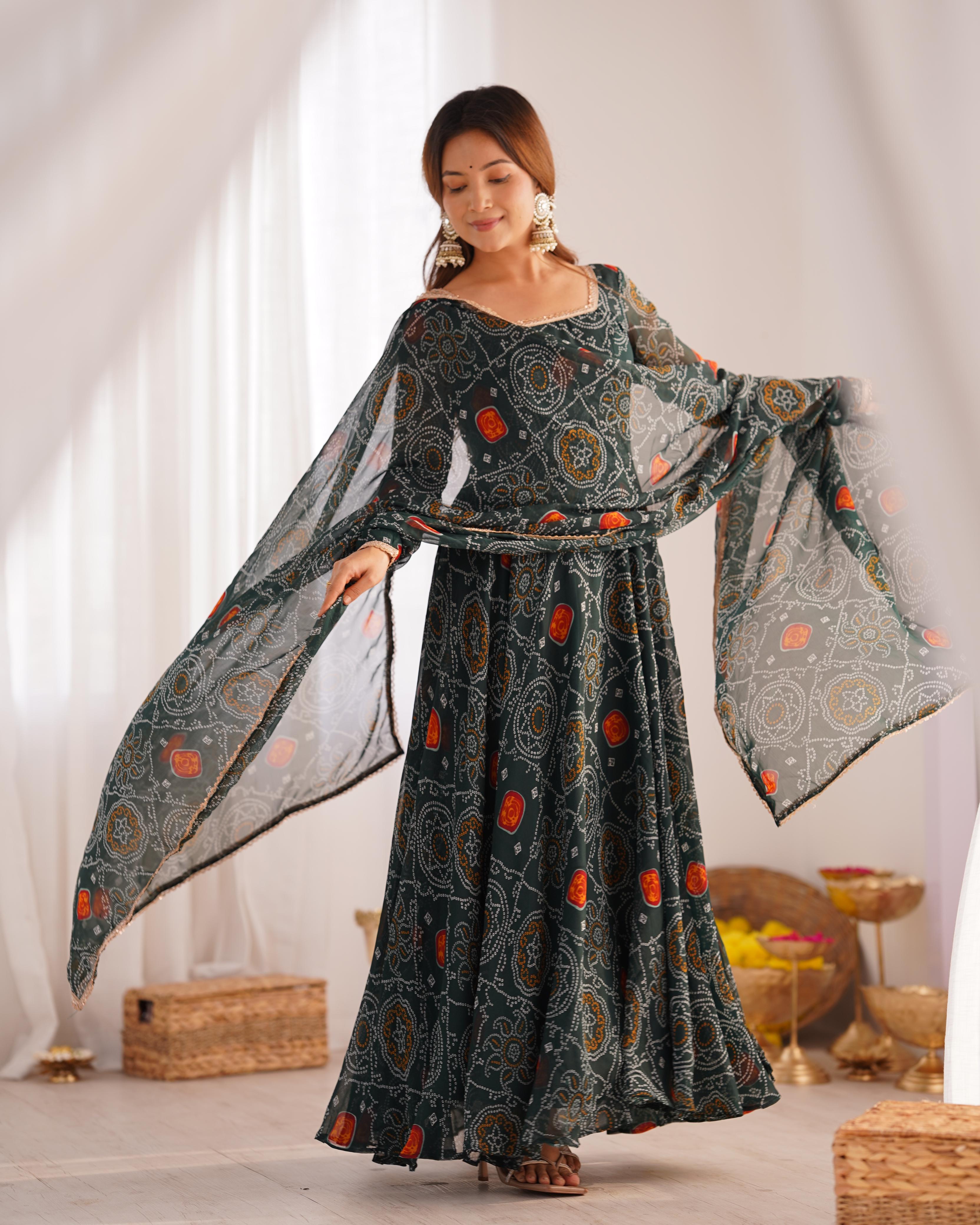 Bottle Green Lightweight Chiffon Anarkali Suit Set with Huge Flair - Festive Wear