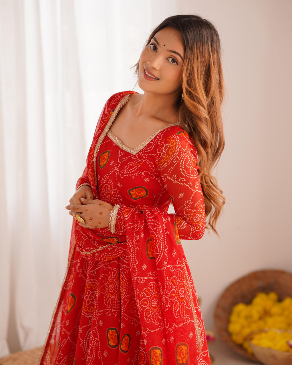 Red Lightweight Chiffon Anarkali Suit Set with Huge Flair - Festive Wear