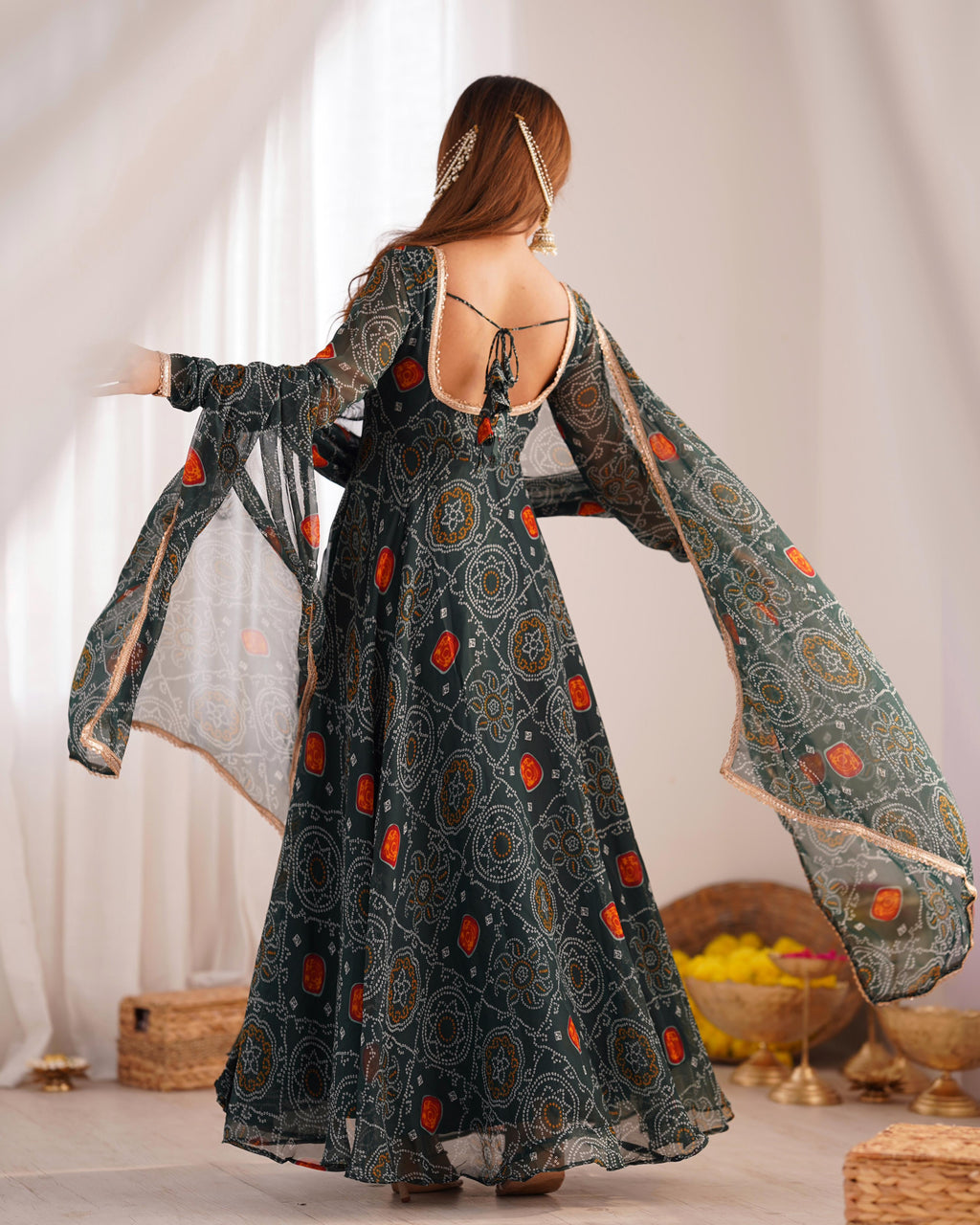 Bottle Green Lightweight Chiffon Anarkali Suit Set with Huge Flair - Festive Wear