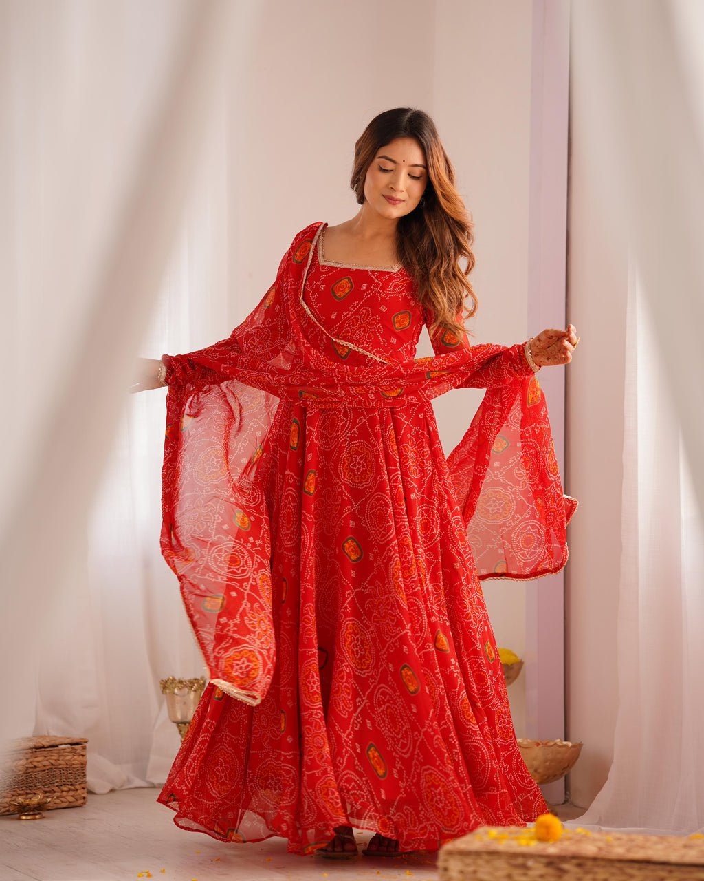 Red Lightweight Chiffon Anarkali Suit Set with Huge Flair - Festive Wear