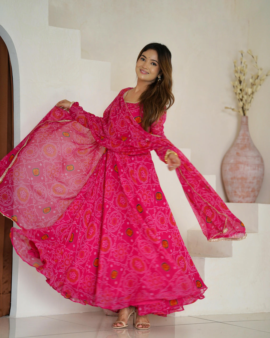 Pink Lightweight Chiffon Anarkali Suit Set with Huge Flair - Festive Wear