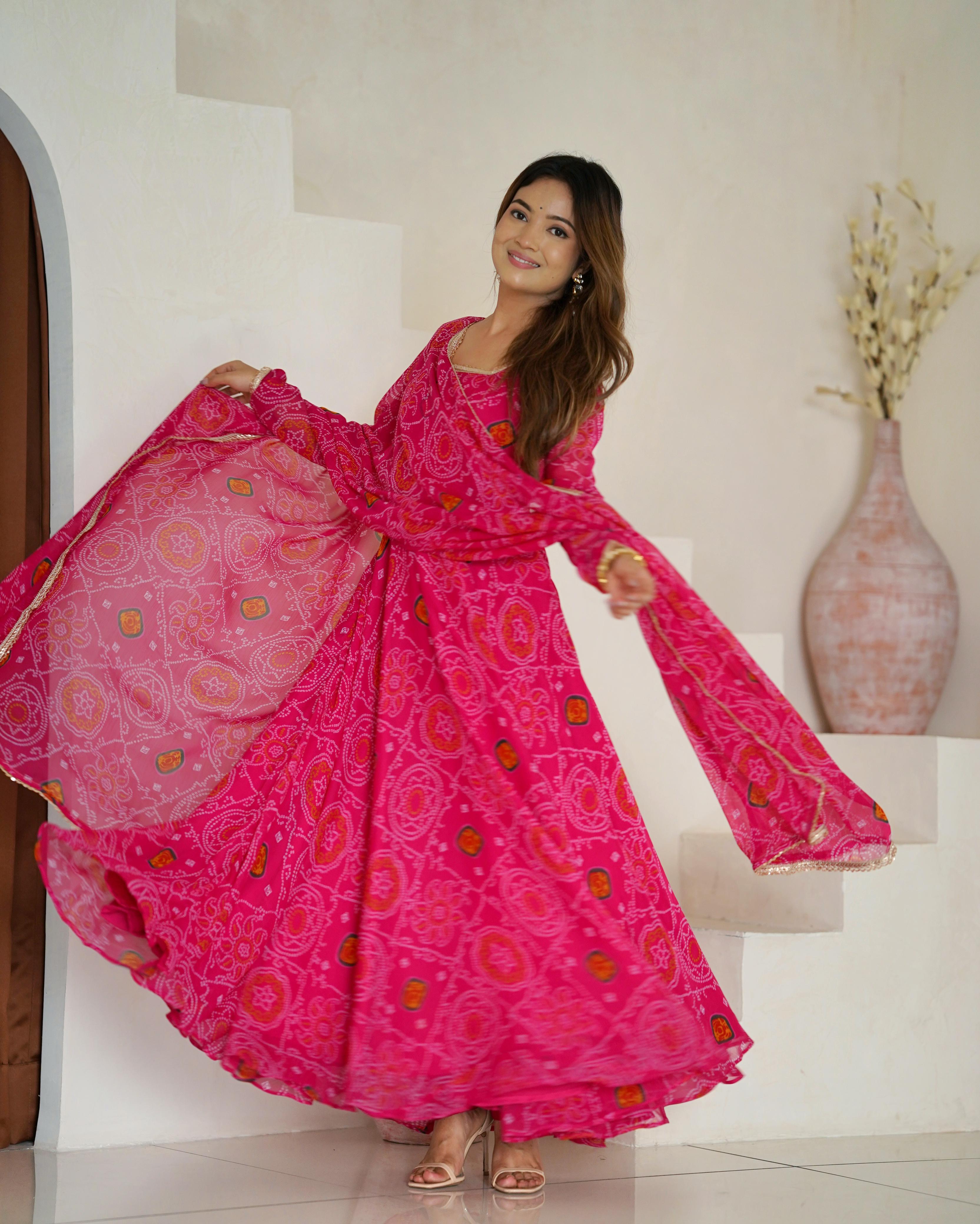 Pink Lightweight Chiffon Anarkali Suit Set with Huge Flair - Festive Wear