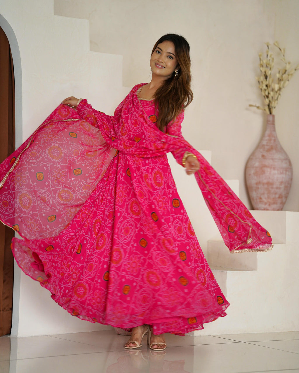 Pink Lightweight Chiffon Anarkali Suit Set with Huge Flair - Festive Wear