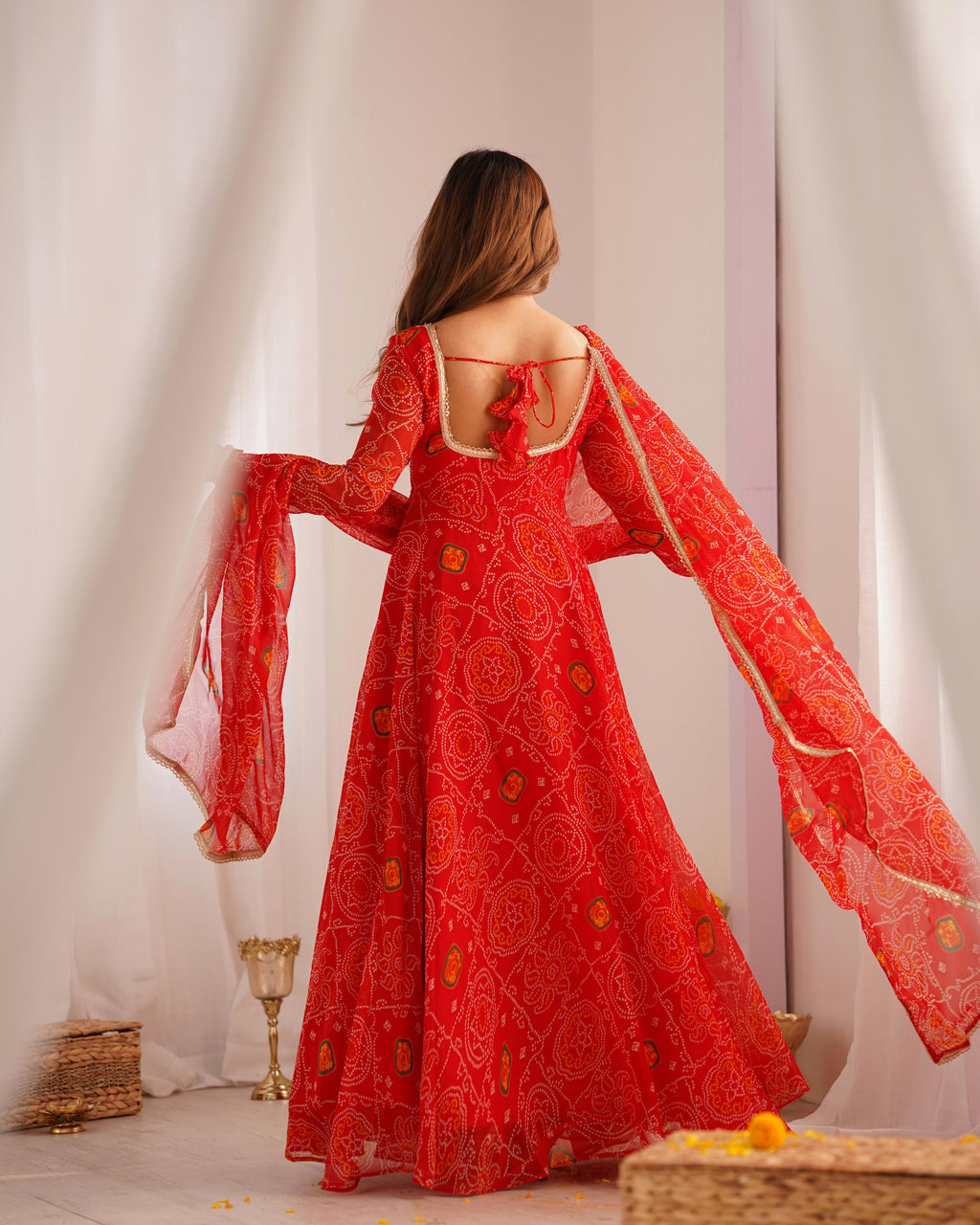 Red Lightweight Chiffon Anarkali Suit Set with Huge Flair - Festive Wear