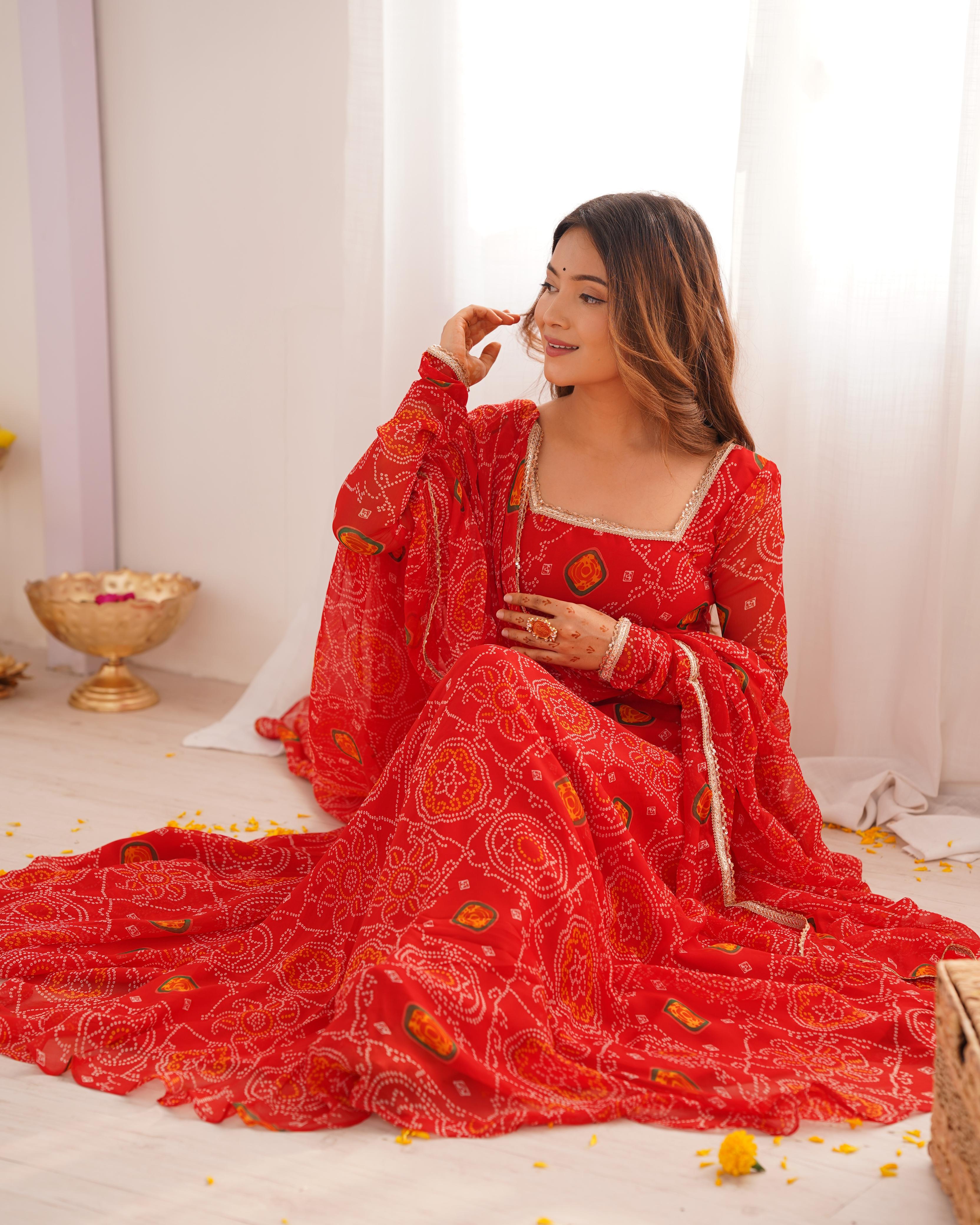Red Lightweight Chiffon Anarkali Suit Set with Huge Flair - Festive Wear