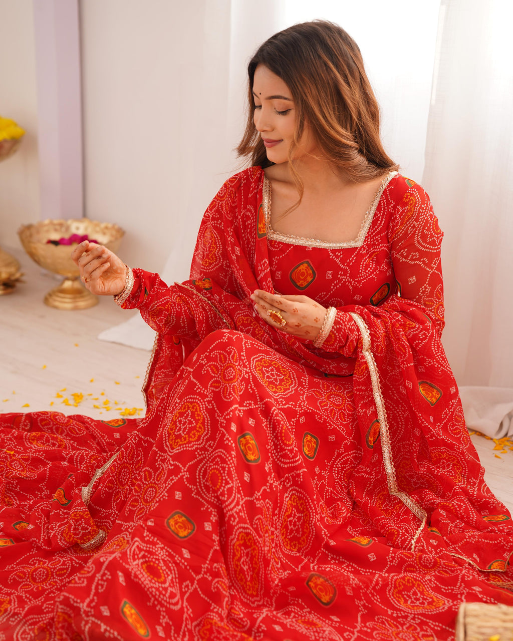 Red Lightweight Chiffon Anarkali Suit Set with Huge Flair - Festive Wear