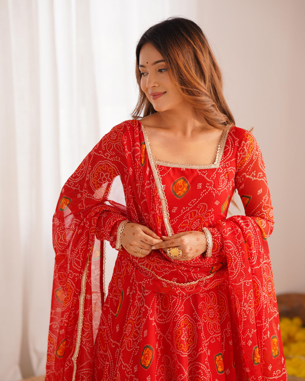 Red Lightweight Chiffon Anarkali Suit Set with Huge Flair - Festive Wear
