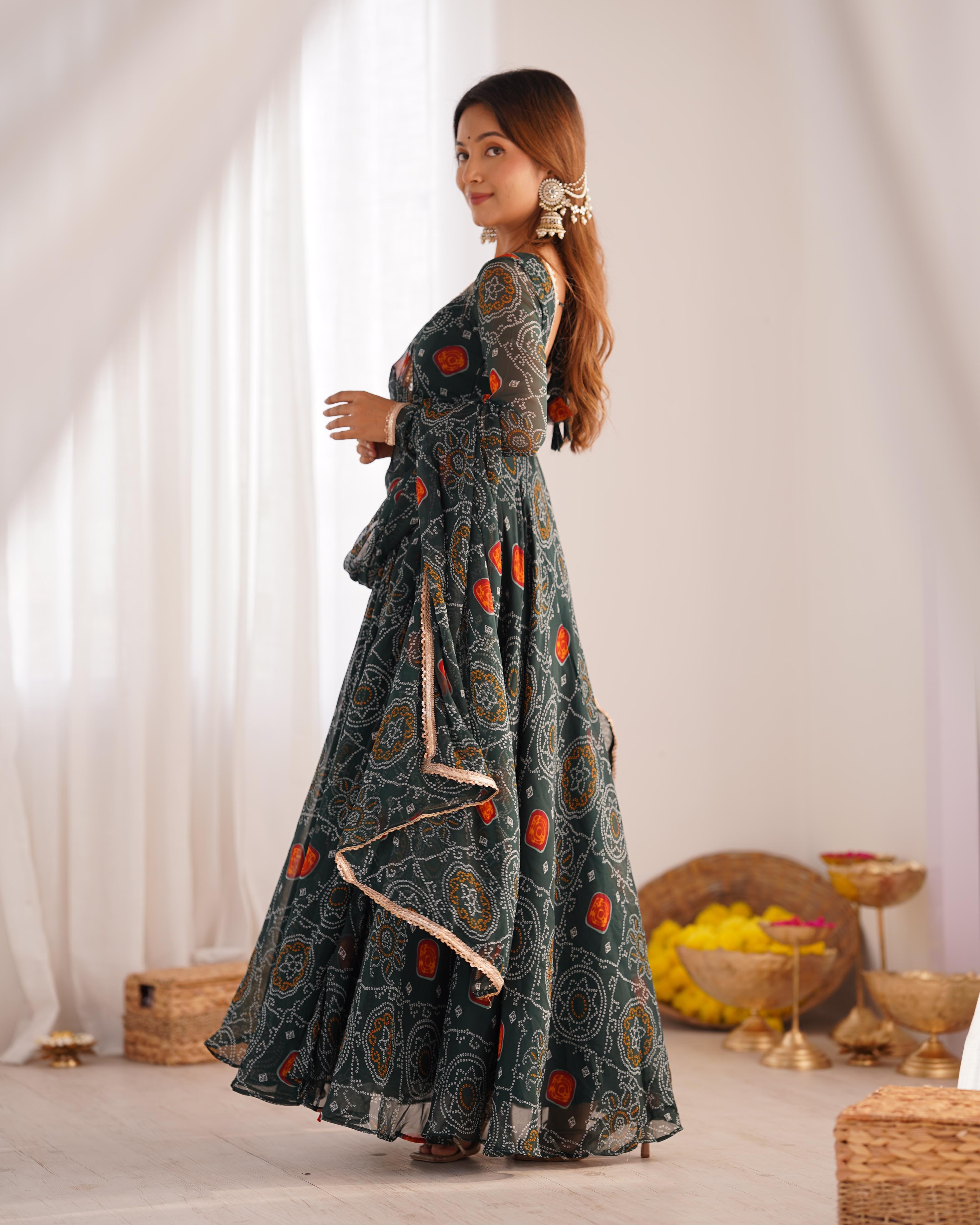 Bottle Green Lightweight Chiffon Anarkali Suit Set with Huge Flair - Festive Wear
