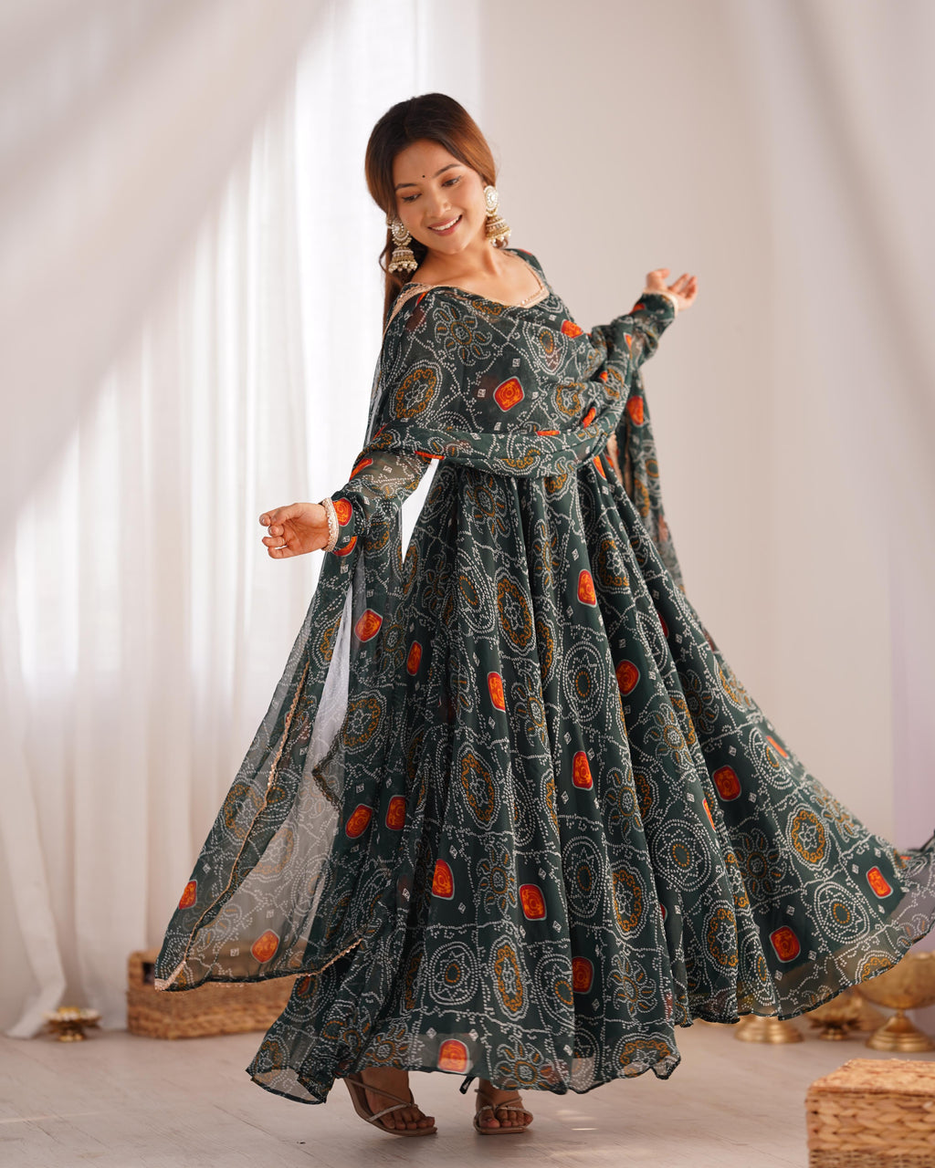 Bottle Green Lightweight Chiffon Anarkali Suit Set with Huge Flair - Festive Wear
