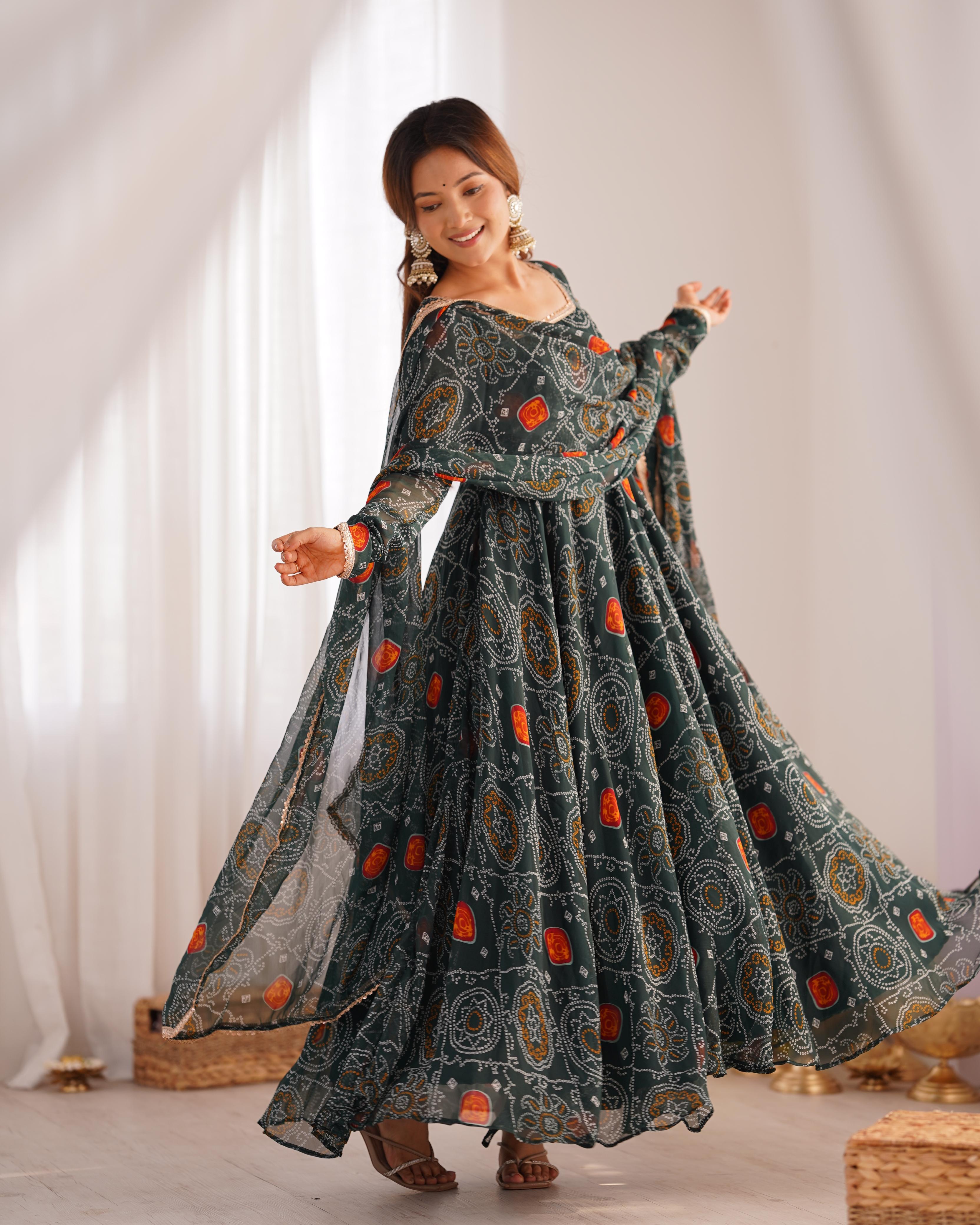 Bottle Green Lightweight Chiffon Anarkali Suit Set with Huge Flair - Festive Wear