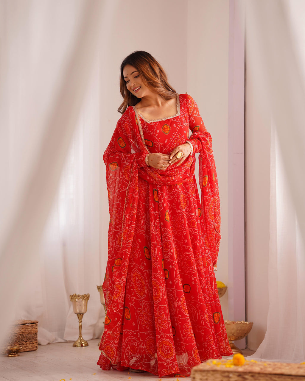 Red Lightweight Chiffon Anarkali Suit Set with Huge Flair - Festive Wear