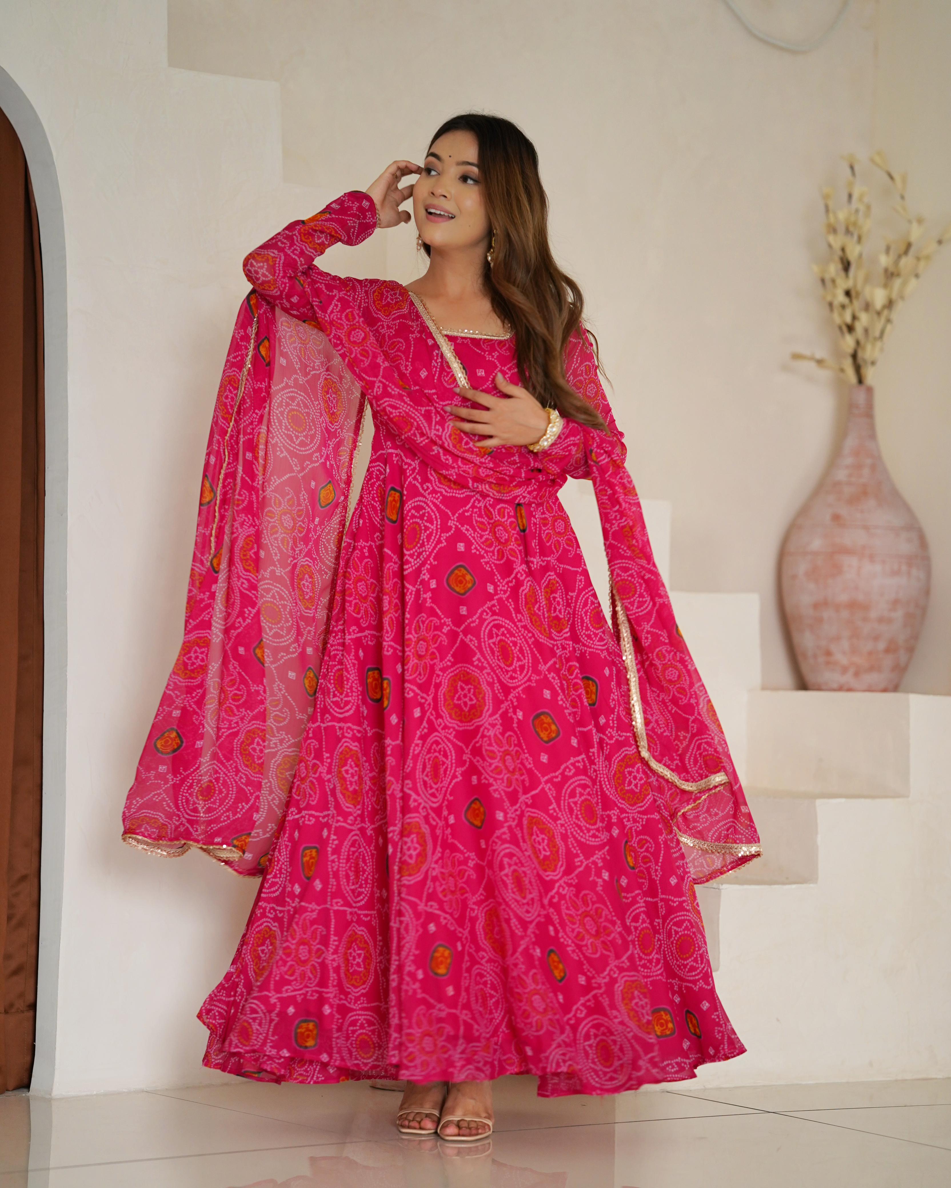 Pink Lightweight Chiffon Anarkali Suit Set with Huge Flair - Festive Wear