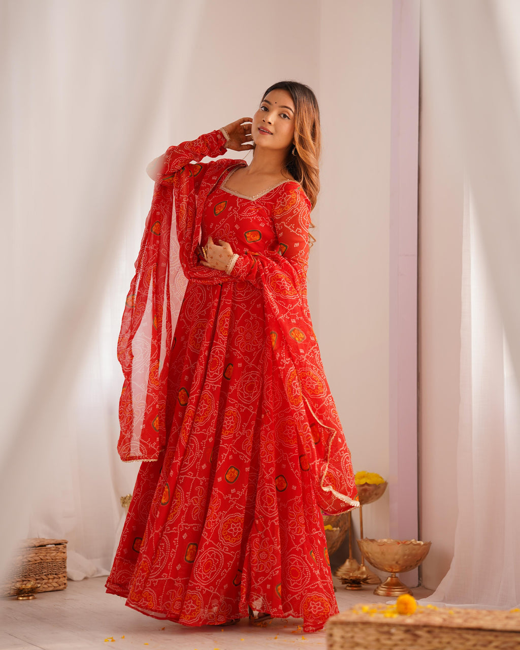 Red Lightweight Chiffon Anarkali Suit Set with Huge Flair - Festive Wear