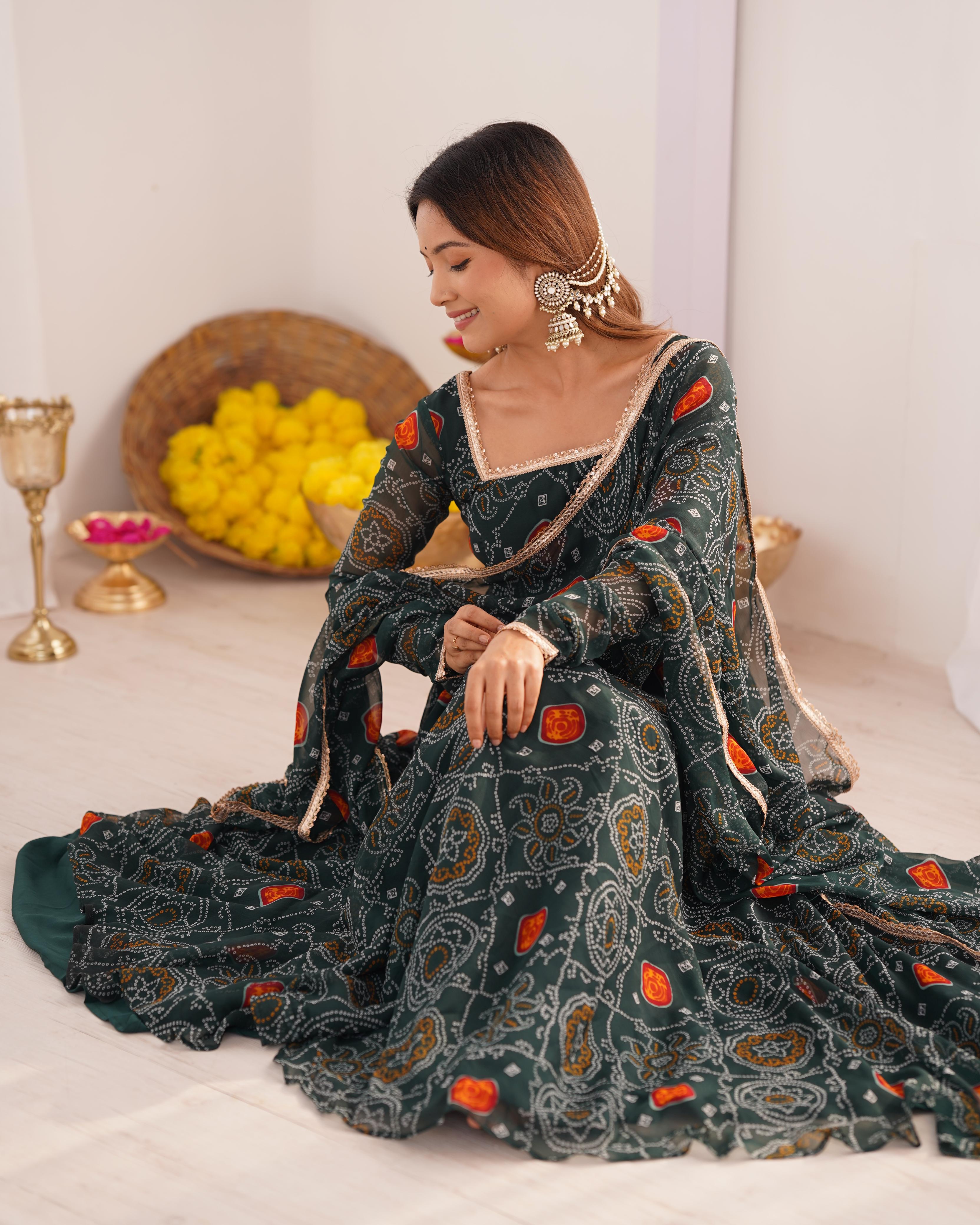 Bottle Green Lightweight Chiffon Anarkali Suit Set with Huge Flair - Festive Wear