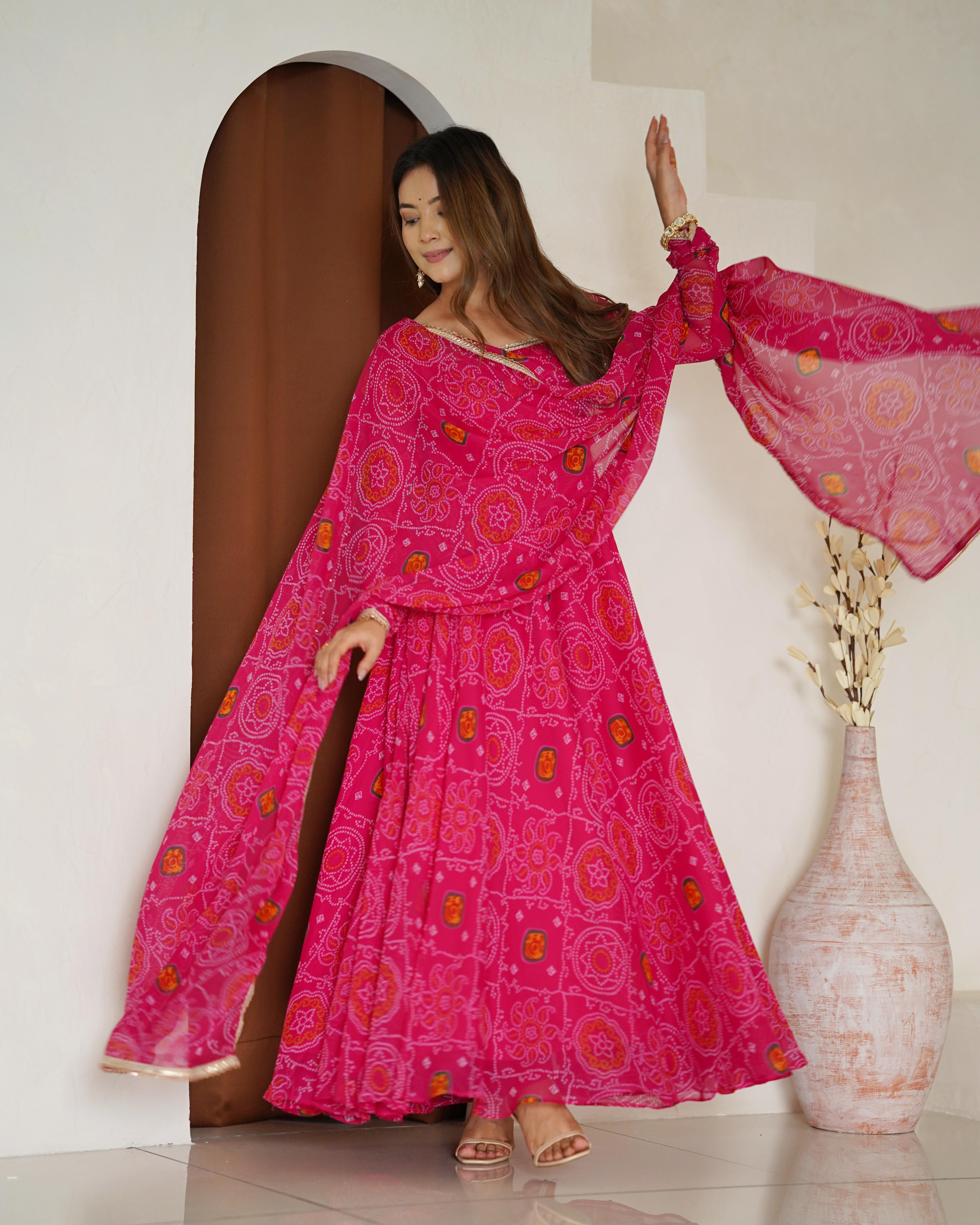 Pink Lightweight Chiffon Anarkali Suit Set with Huge Flair - Festive Wear