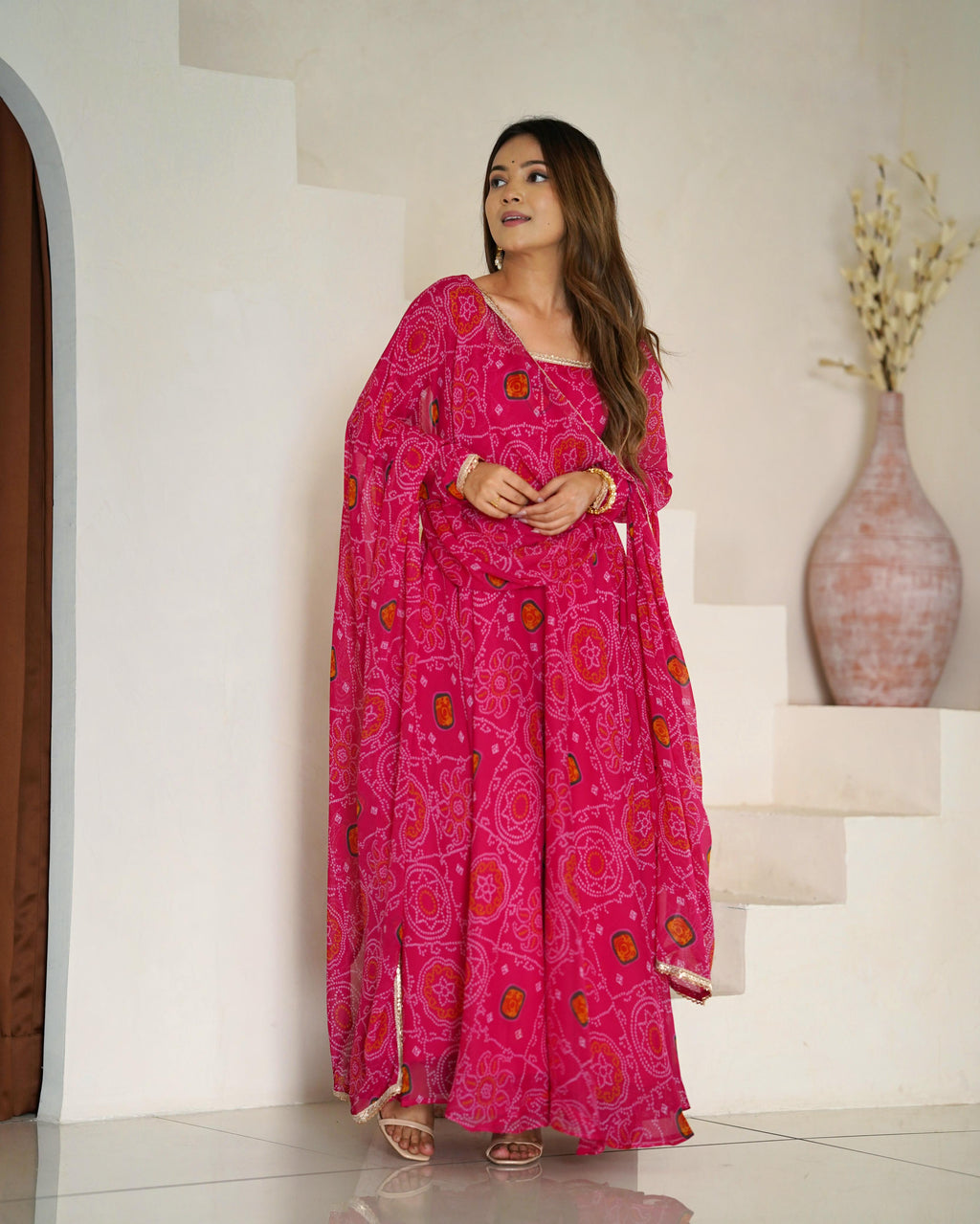 Pink Lightweight Chiffon Anarkali Suit Set with Huge Flair - Festive Wear